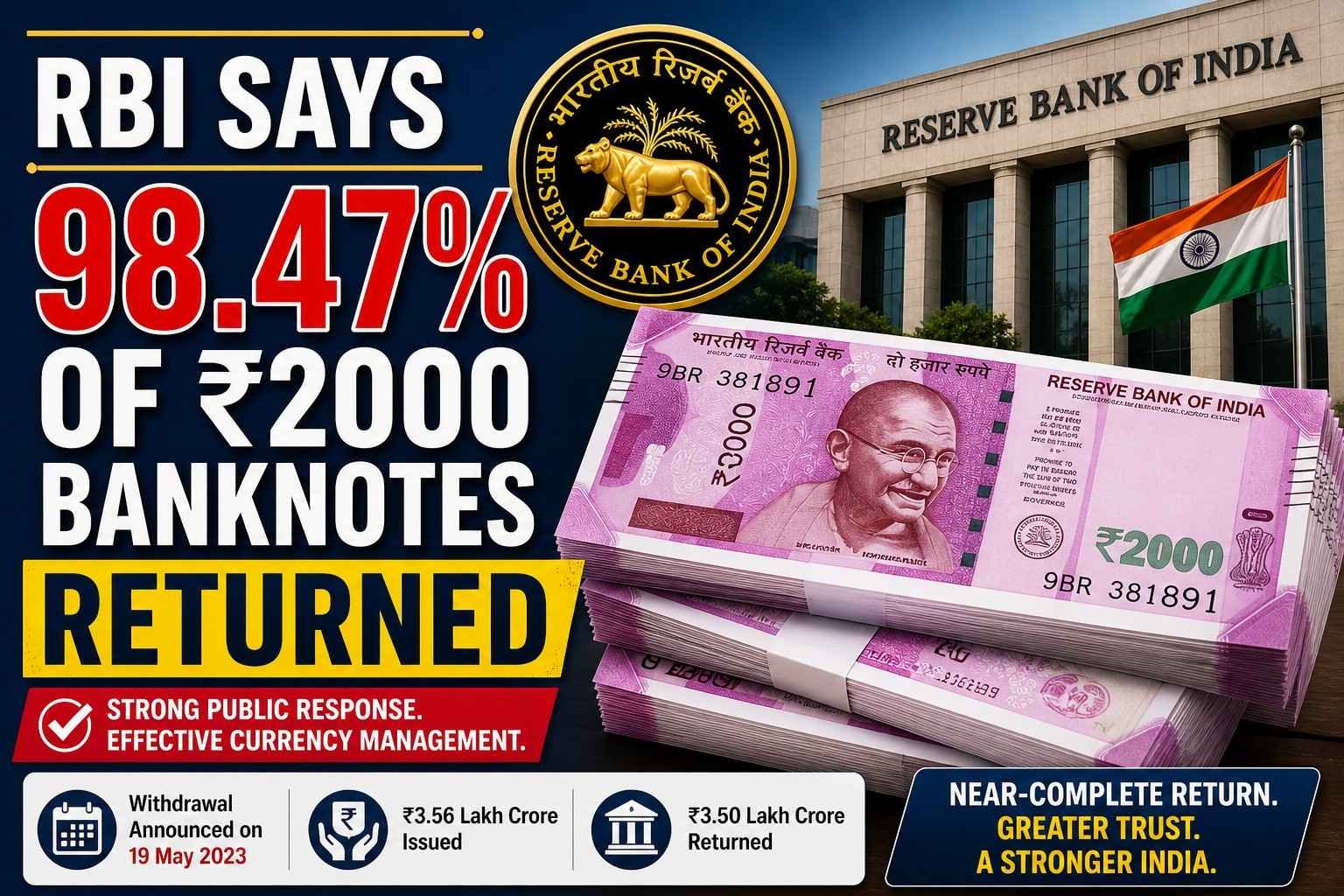 RBI says 98.47 percent of ₹2000 banknotes returned after withdrawal announcement