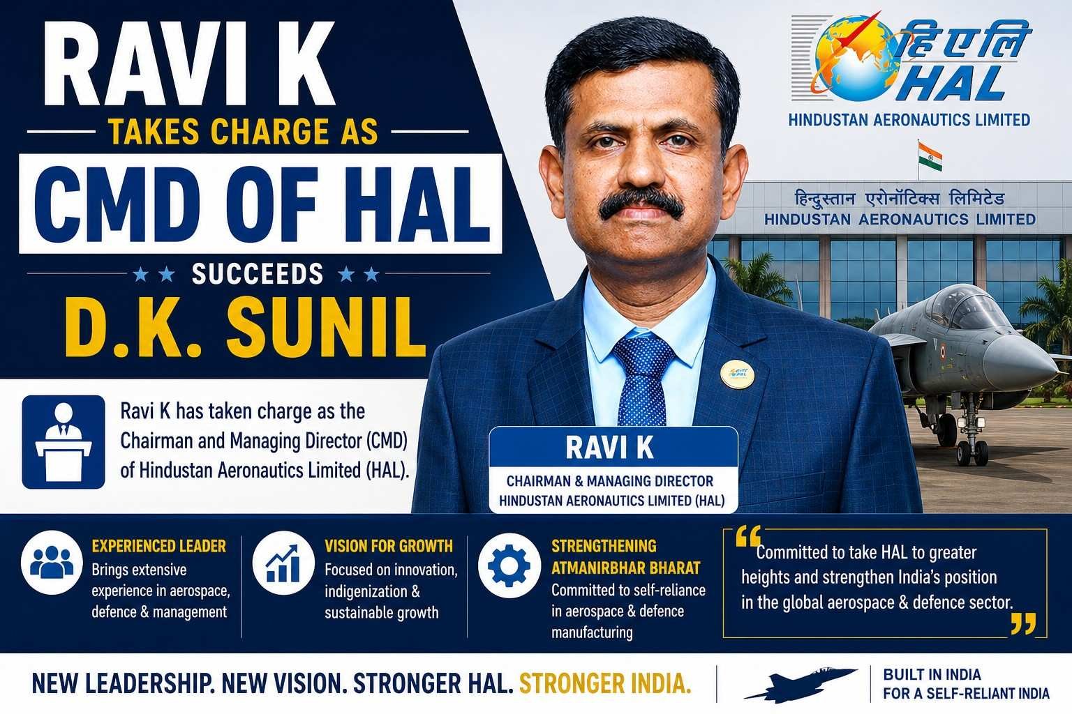 Ravi K takes charge as CMD of HAL succeeding D K Sunil leadership change in Hindustan Aeronautics Limited India