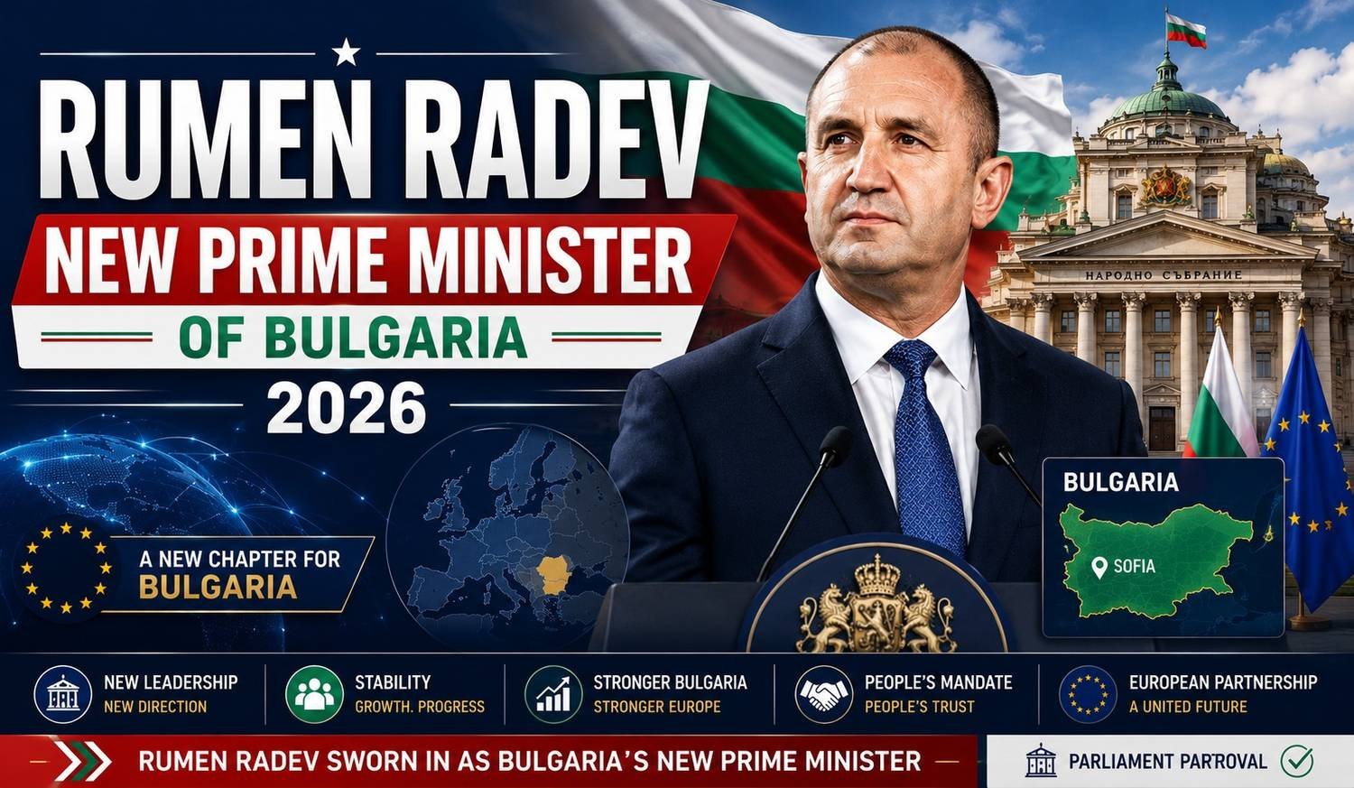 Political news infographic featuring Rumen Radev as the new Prime Minister of Bulgaria with Bulgarian Parliament visuals, national flags, EU symbols, and international political graphics.