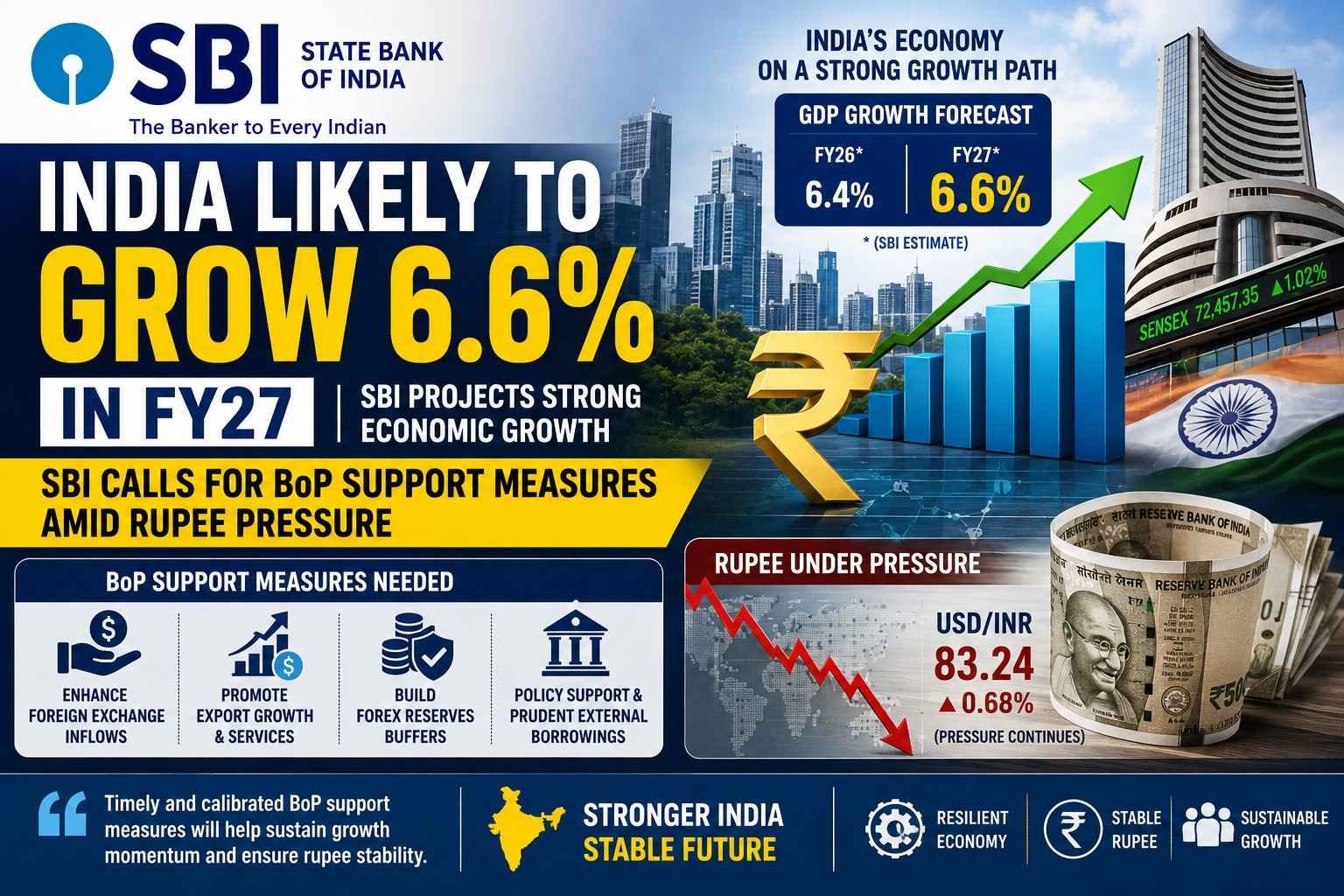 India likely to grow 6.6 percent in FY27 as SBI suggests BoP support measures amid rupee pressure