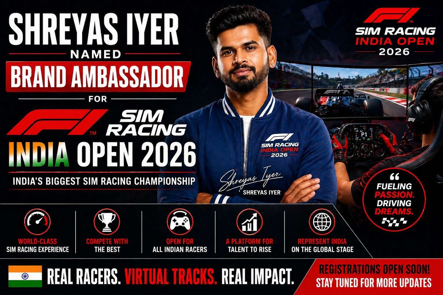 Shreyas Iyer named brand ambassador for F1 Sim Racing India Open 2026 promoting esports and motorsport in India