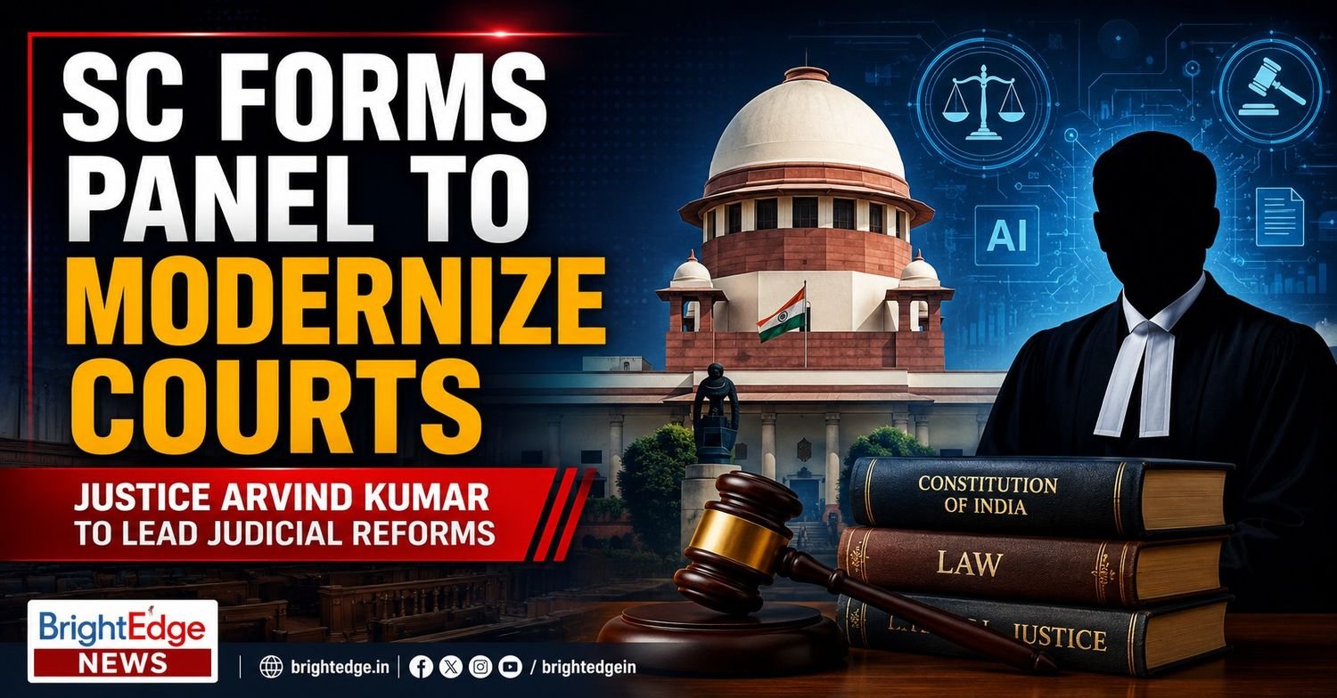 Professional news thumbnail showing the Supreme Court of India building with a judge silhouette, law books, gavel, and AI-powered digital court graphics. Headline reads “SC Forms Panel to Modernize Courts” with subheading about Justice Arvind Kumar leading judicial reforms.