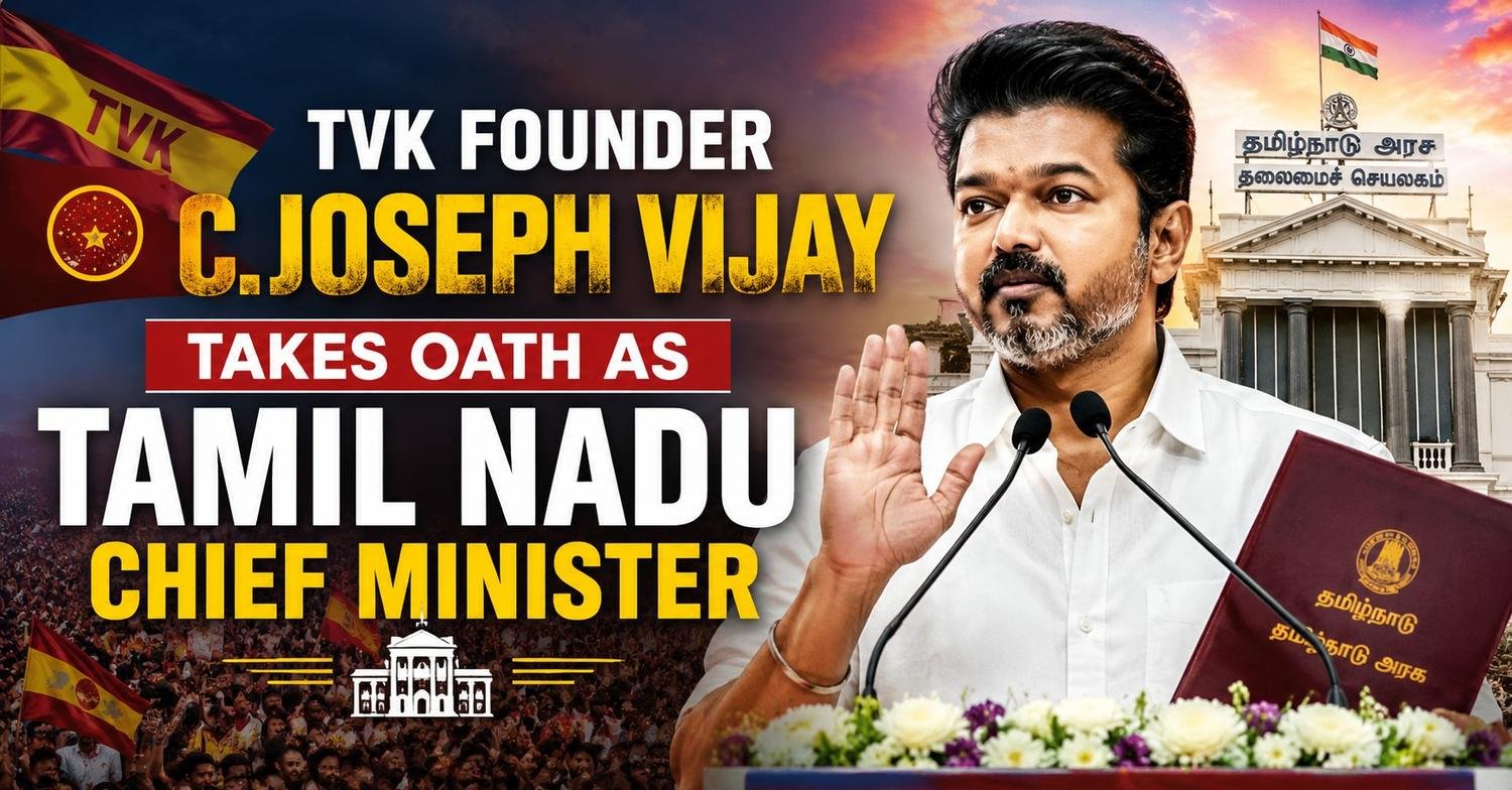 TVK founder C. Joseph Vijay takes oath as Tamil Nadu Chief Minister during a grand swearing-in ceremony.