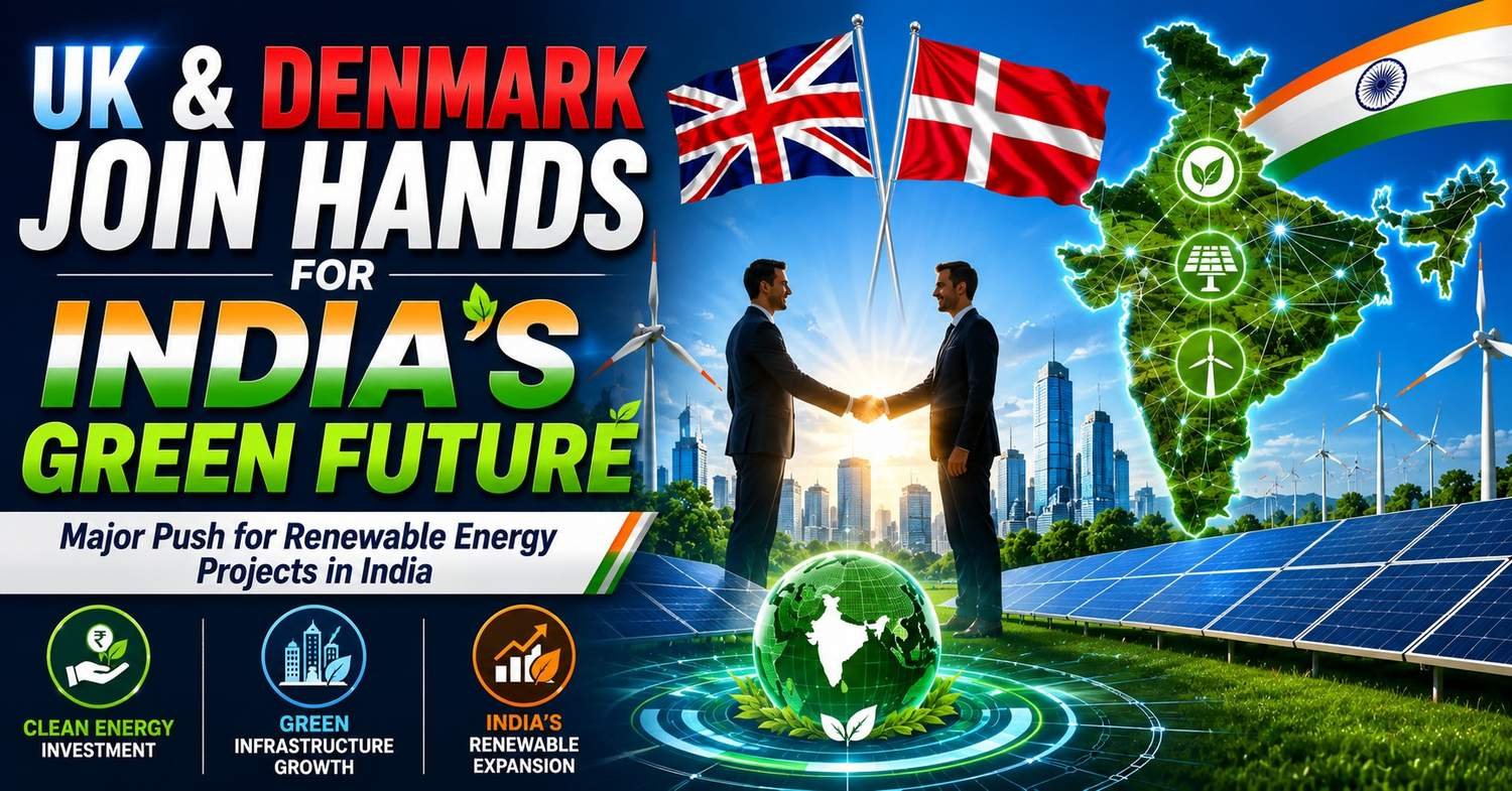 UK and Denmark companies partner with India to expand renewable energy projects featuring solar panels, wind turbines, green infrastructure, and clean energy investment visuals.
