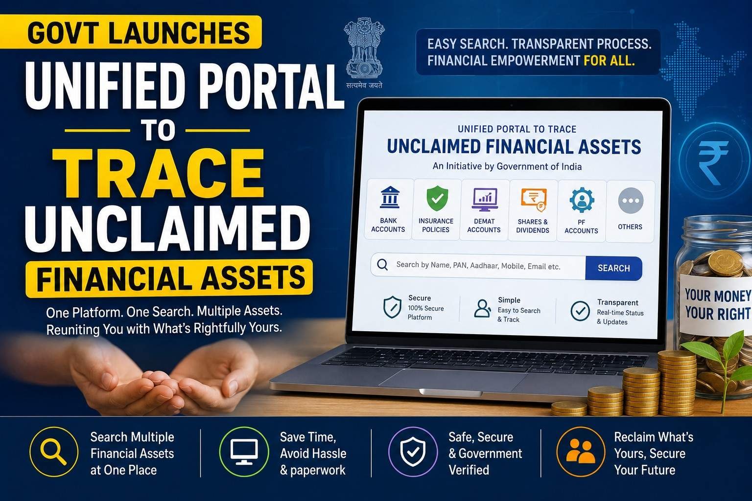 Government launches a unified online portal to help citizens trace unclaimed financial assets, including bank deposits, insurance claims, shares, dividends, provident funds, and mutual fund investments.