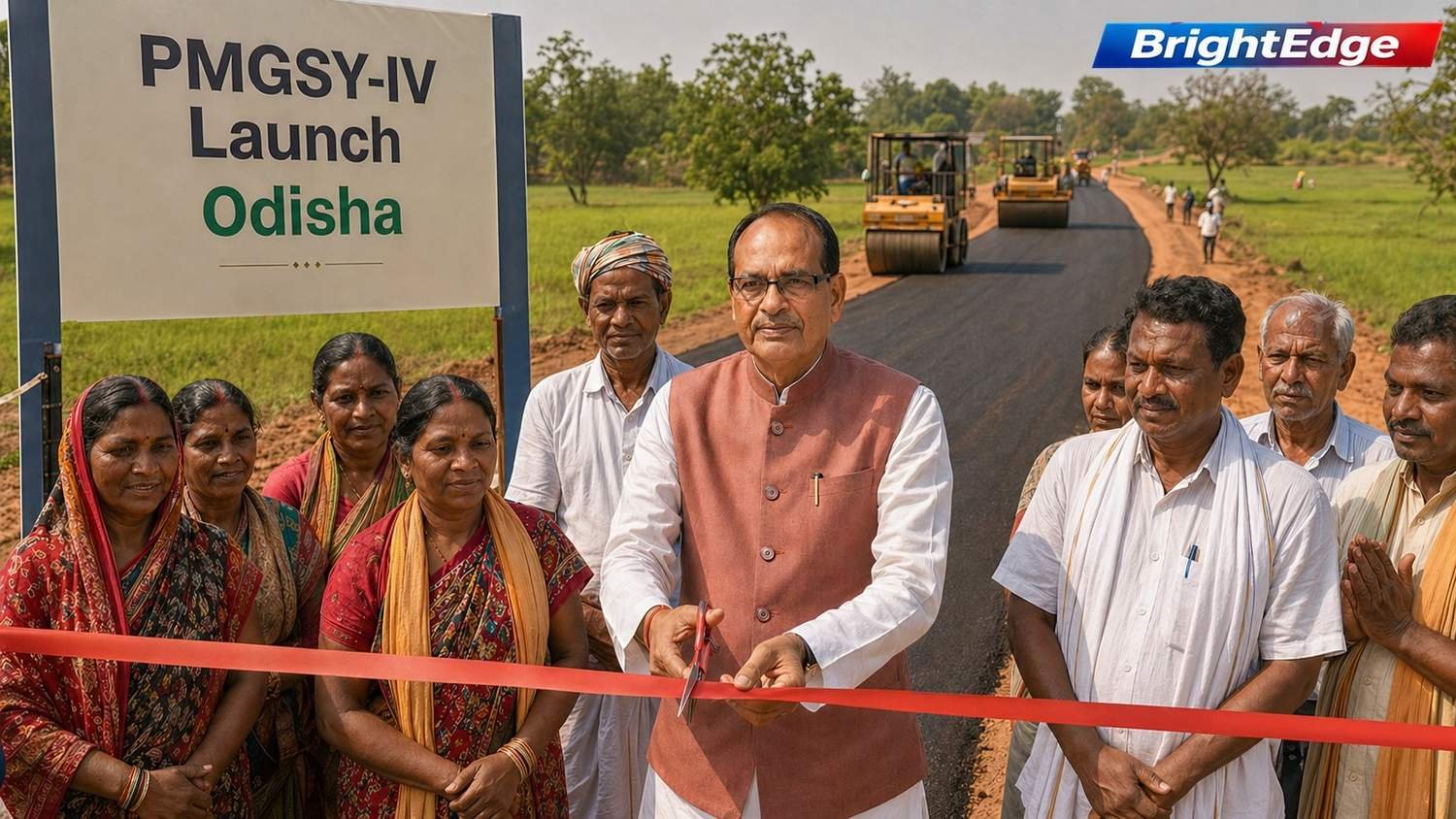 Union minister inaugurates a rural road project in Odisha by cutting a ribbon, surrounded by villagers in traditional attire, with a newly paved road and construction machinery visible in the background.