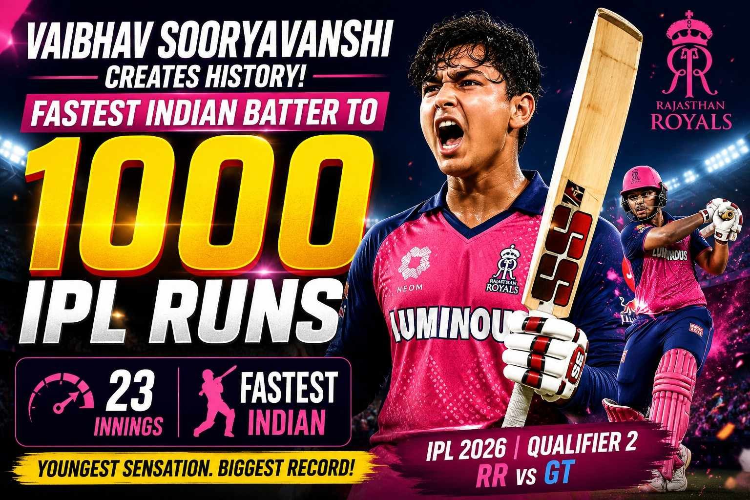 Vaibhav Sooryavanshi becomes the fastest Indian batter to reach 1000 IPL runs during IPL 2026