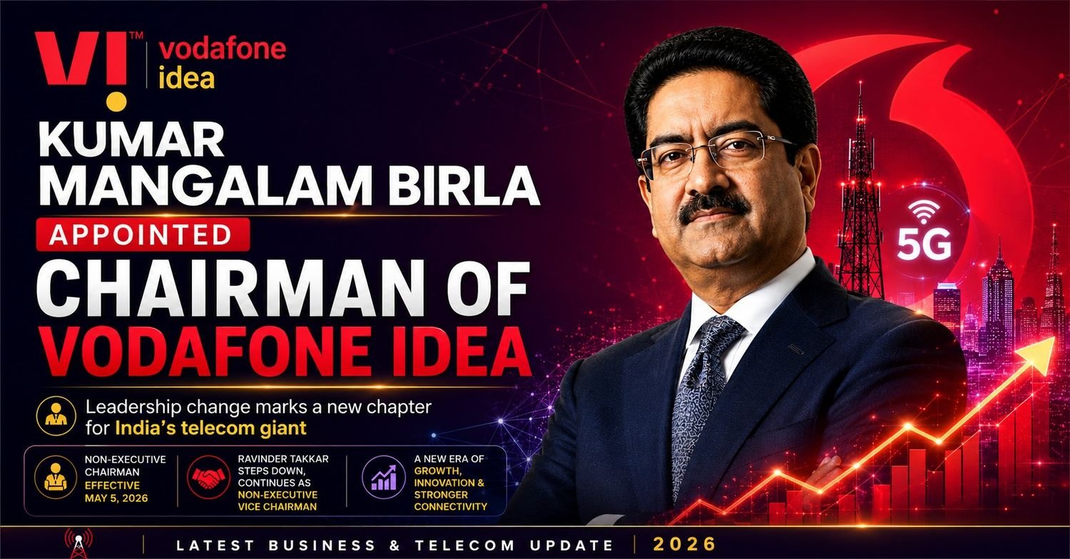 Portrait of Kumar Mangalam Birla with Vodafone Idea branding and 5G telecom graphics announcing his appointment as Chairman of Vodafone Idea in 2026.