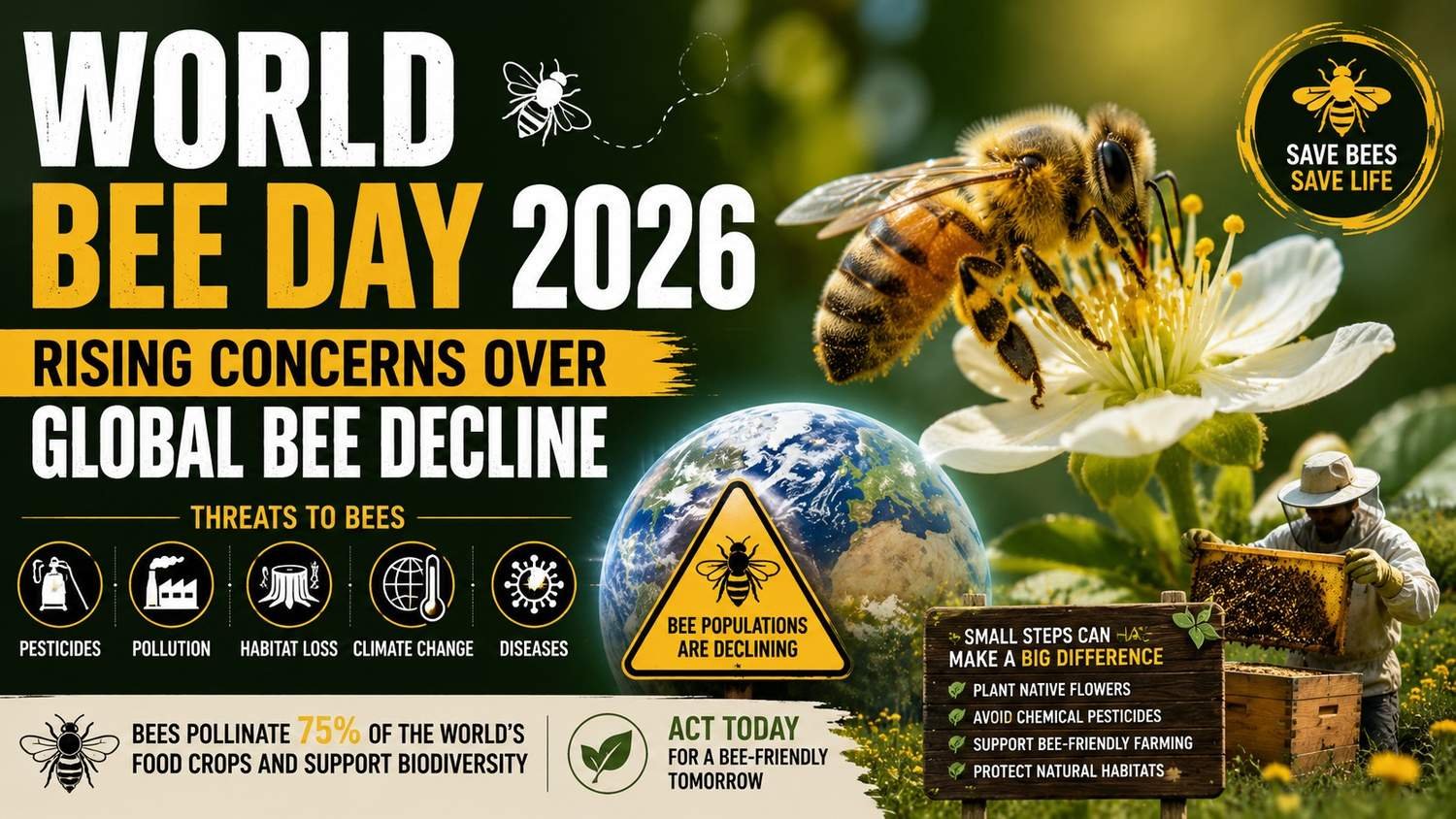 Honey bees pollinating flowers highlighting concerns over global bee population decline on World Bee Day 2026