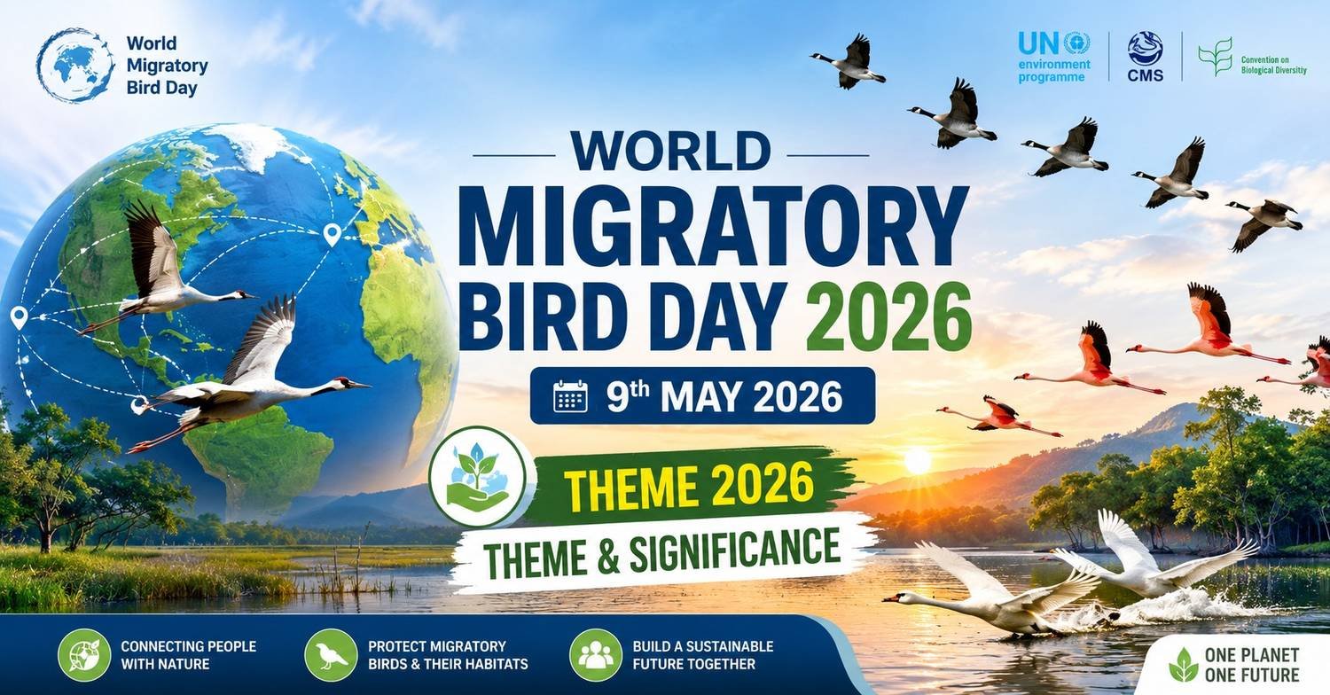 World Migratory Bird Day 2026 infographic featuring migratory birds flying over wetlands and forests with a globe illustration, sunrise background, and environmental conservation theme.