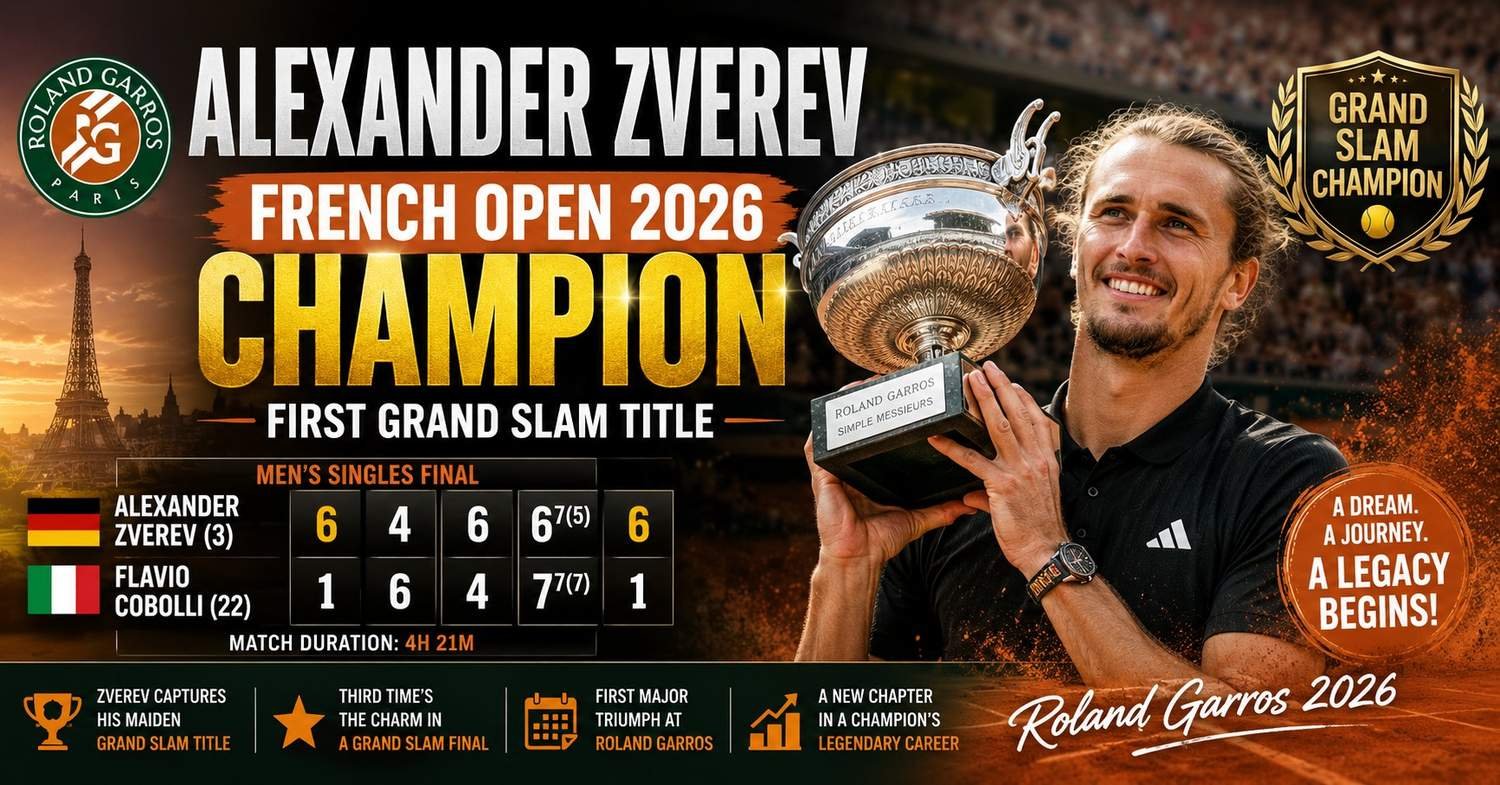 Alexander Zverev won his maiden Grand Slam title at Roland Garros, defeating Flavio Cobolli in a dramatic five-set French Open final.