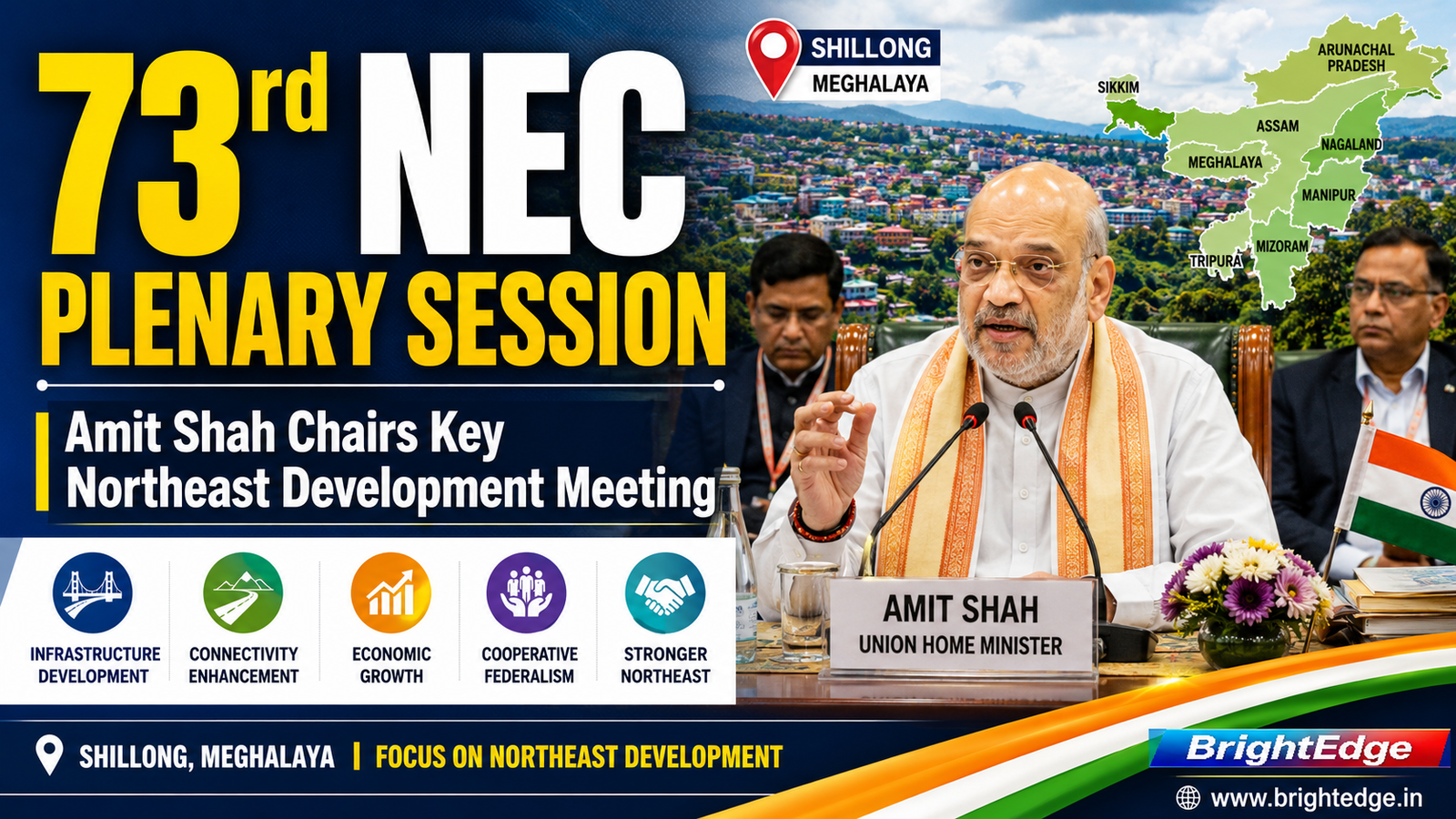 Union Home Minister Amit Shah addressing the 73rd North Eastern Council (NEC) Plenary Session in Shillong, Meghalaya, with a backdrop of Northeast India’s map, Shillong cityscape, and development-focused graphics highlighting infrastructure, connectivity, economic growth, and cooperative federalism.