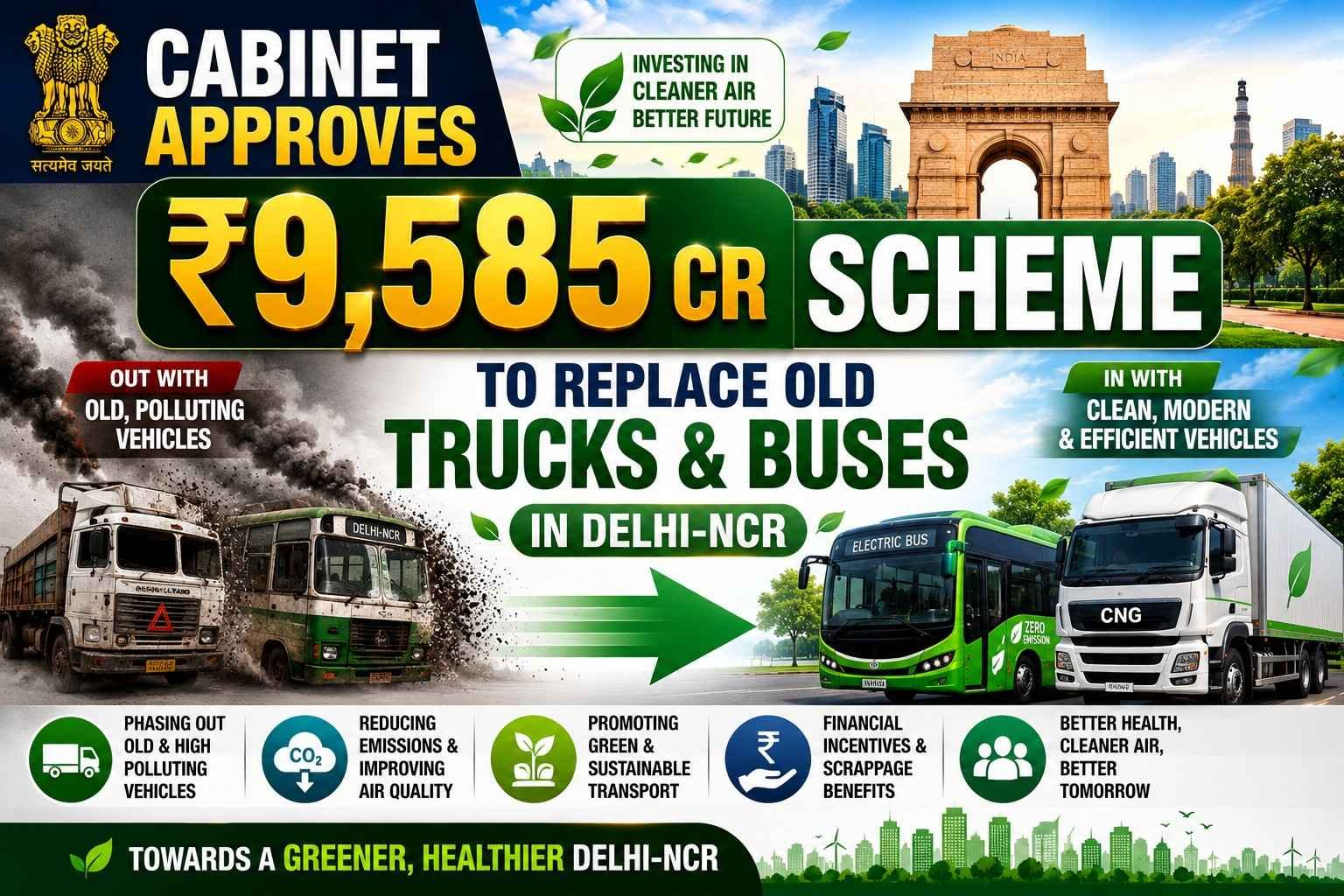 Cabinet approves a ₹9,585 crore scheme to replace old trucks and buses in Delhi-NCR to reduce pollution and improve air quality.