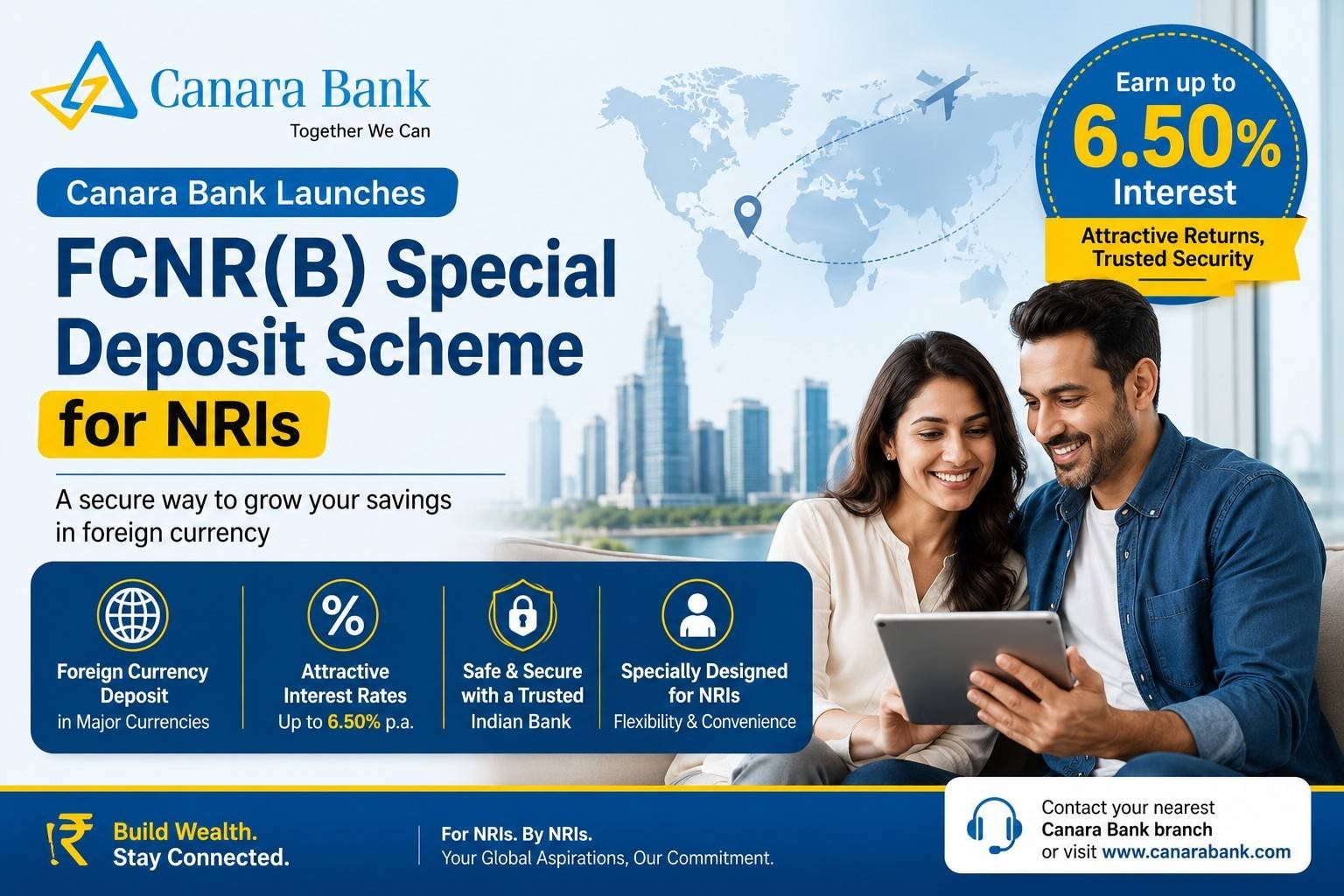 Canara Bank launches FCNR(B) Special Deposit Scheme for NRIs offering up to 6.50% interest.