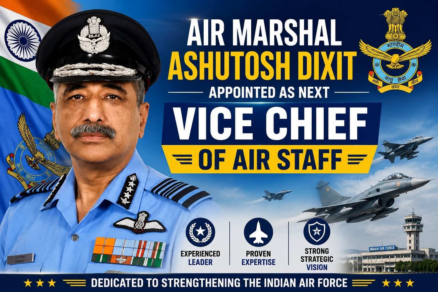 Air Marshal Ashutosh Dixit has been appointed as the next Vice Chief of Air Staff of the Indian Air Force.