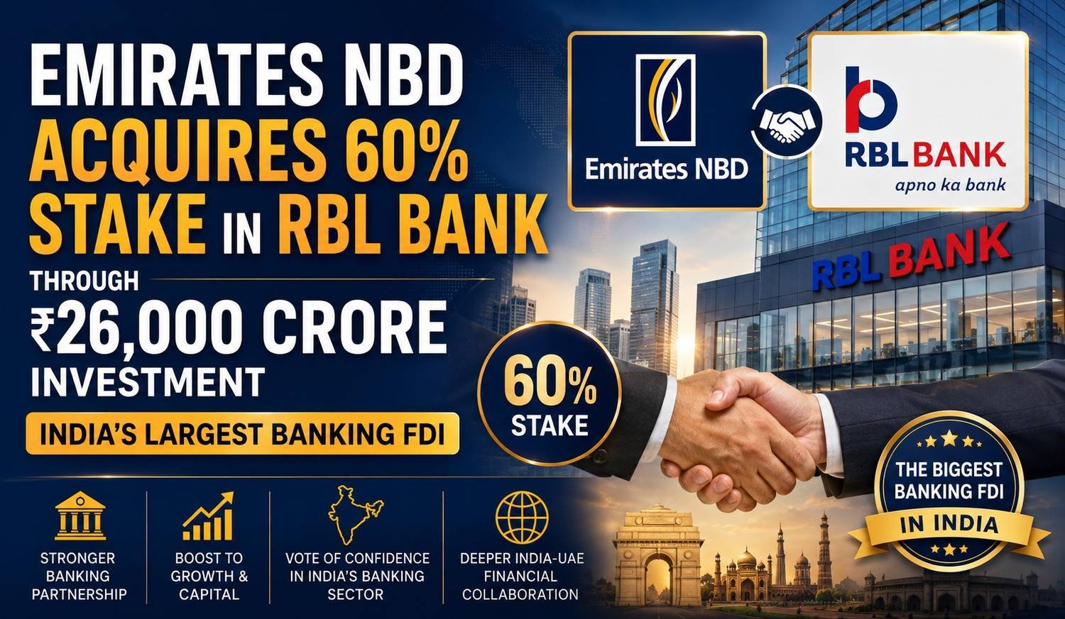 Emirates NBD acquires majority stake in RBL Bank through ₹26,000 crore investment.