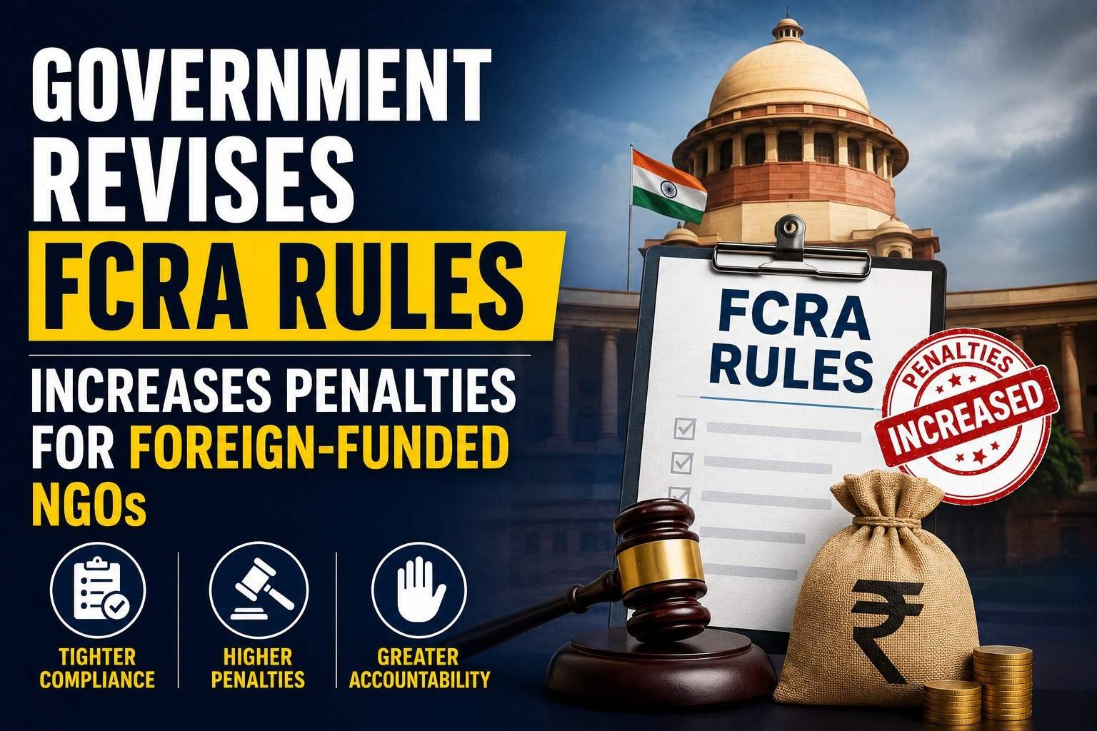 Government revises FCRA rules and increases penalties for NGOs receiving foreign contributions.