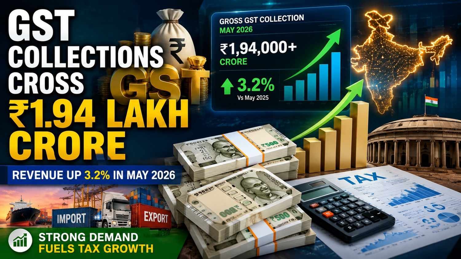 Financial news graphic showing India's GST collections crossing ₹1.94 lakh crore in May 2026, featuring tax revenue charts, rising graphs, Indian currency, and economic growth indicators.