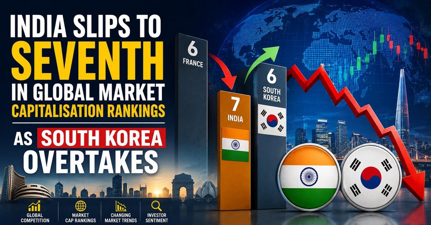 India falls to seventh place in global stock market capitalisation rankings after being overtaken by South Korea.