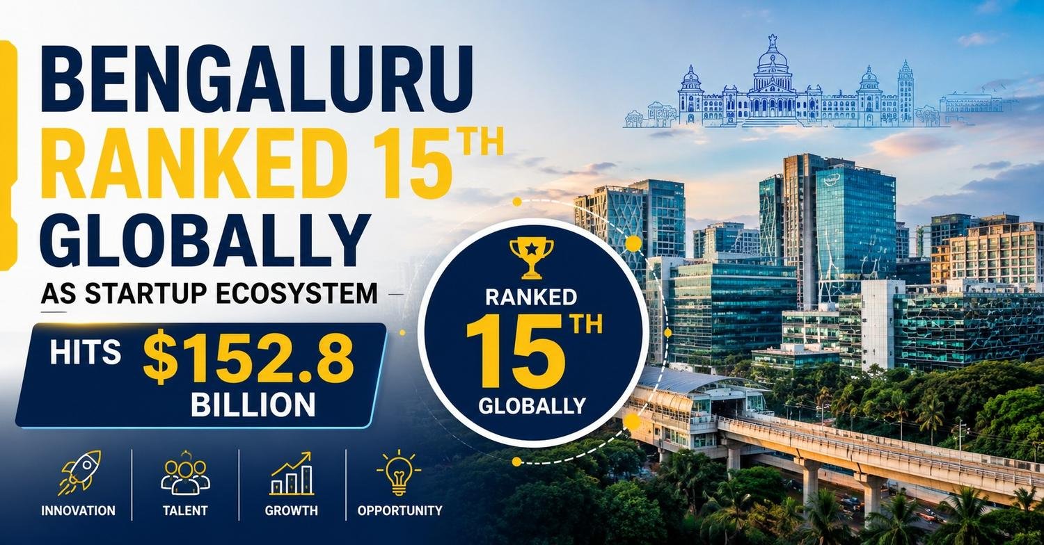 Bengaluru city skyline highlighting its ranking as the 15th best startup ecosystem globally with a startup ecosystem value of $152.8 billion.