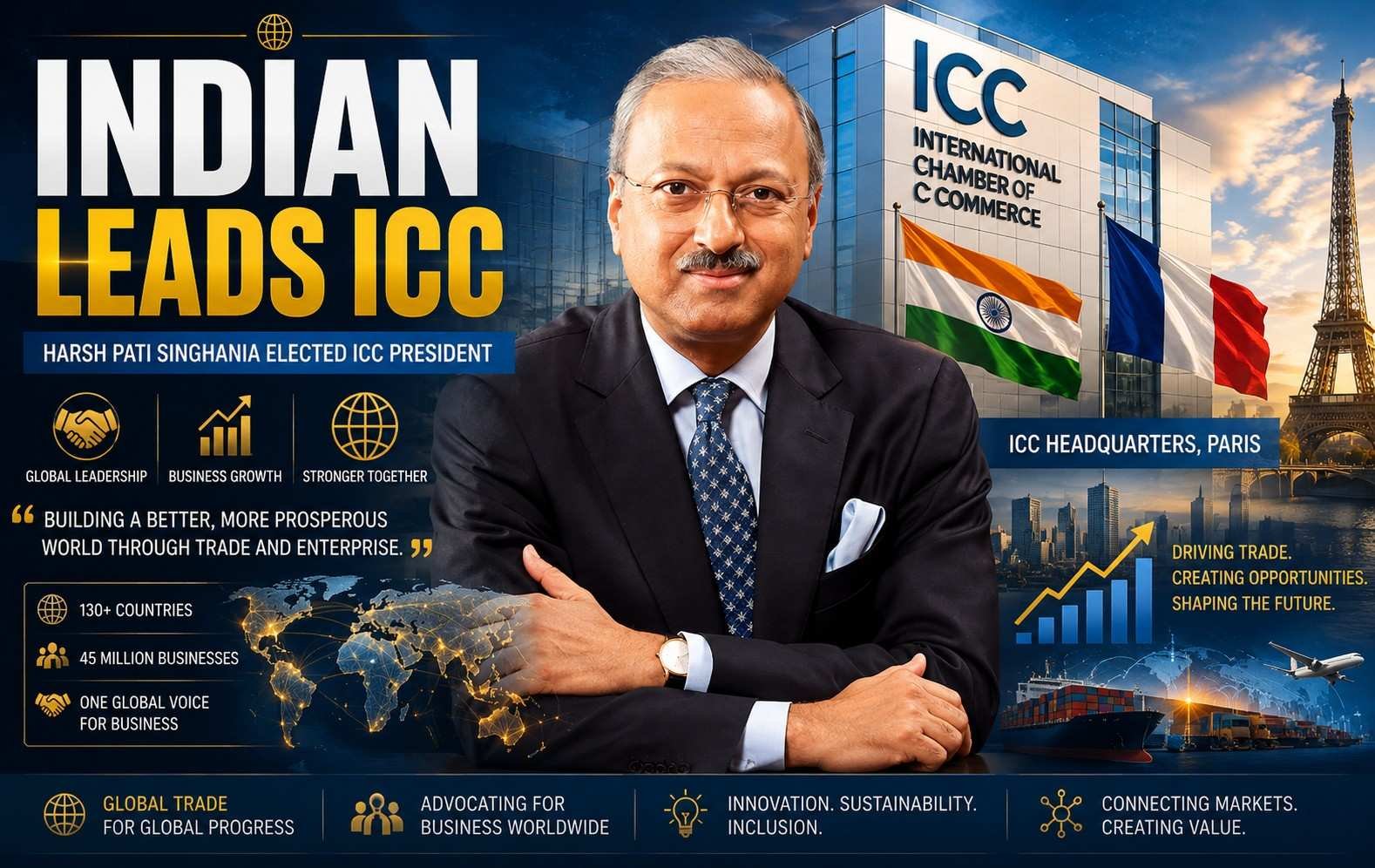 Harsh Pati Singhania elected Chair of the International Chamber of Commerce in Paris.