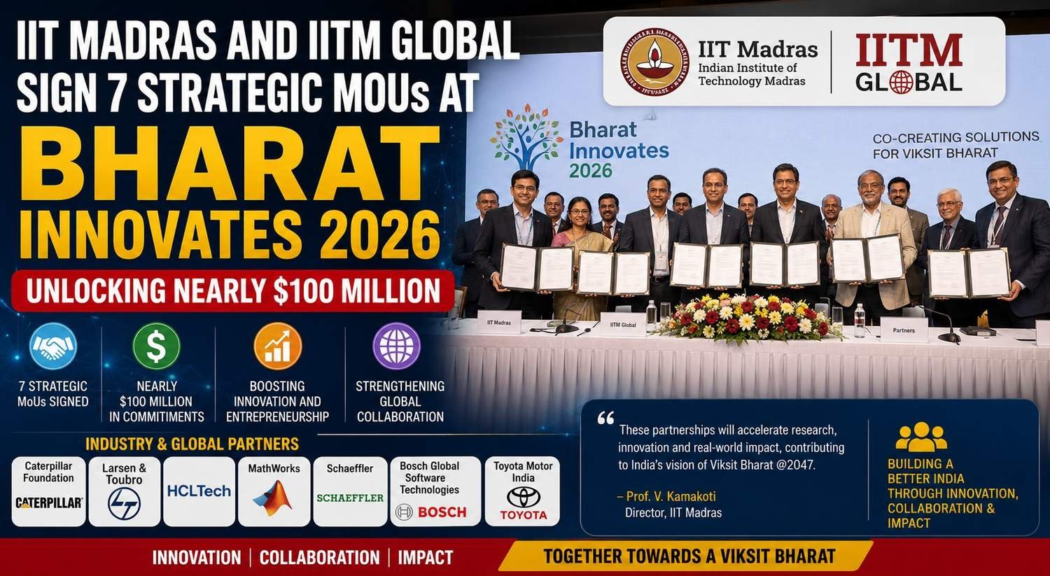 IIT Madras and IITM Global sign seven strategic MoUs at Bharat Innovates 2026, unlocking nearly $100 million in deep-tech collaborations.