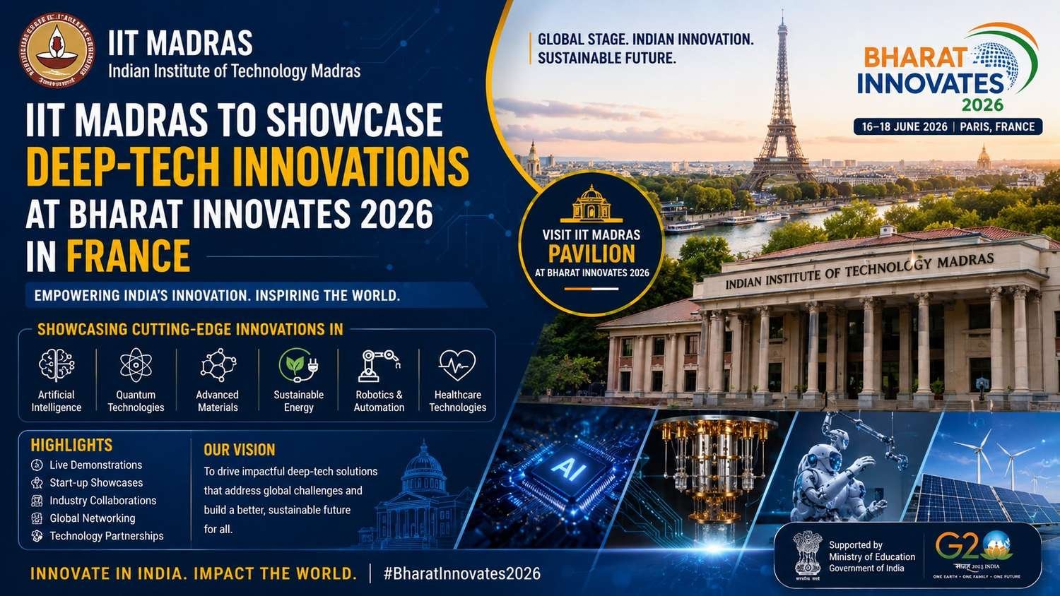 IIT Madras showcasing deep-tech innovations at Bharat Innovates 2026 in France, highlighting advancements in artificial intelligence, robotics, quantum technologies, sustainable energy, and advanced materials.