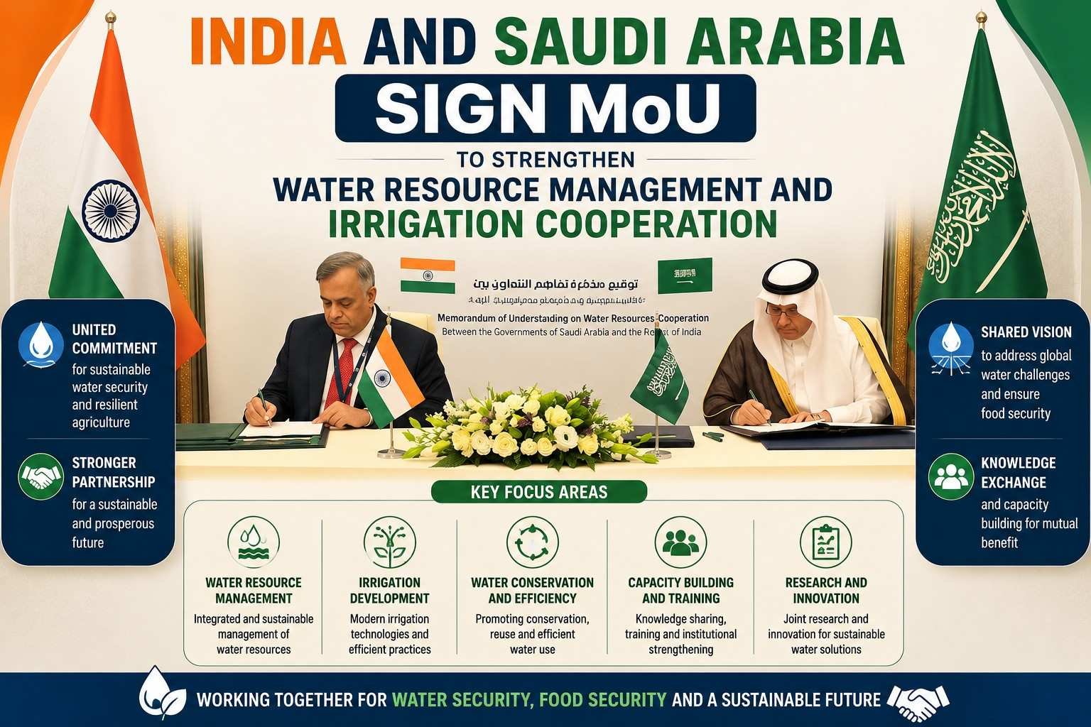 India and Saudi Arabia sign an MoU to strengthen cooperation in water resource management and sustainable irrigation.
