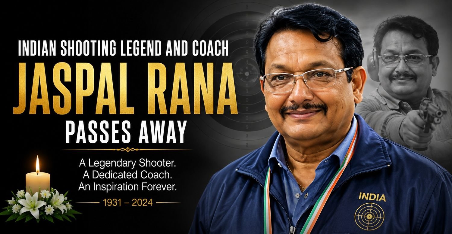 Tribute thumbnail featuring Indian shooting legend and coach Jaspal Rana, with his portrait, a shooting target backdrop, candle and flowers, symbolizing remembrance and his contribution to Indian shooting sports.