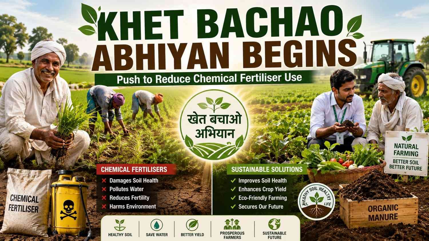Indian farmers working in green agricultural fields as part of the Khet Bachao Abhiyan campaign. The image highlights sustainable farming practices, organic manure, soil health awareness, and efforts to reduce the use of chemical fertilisers for environmentally friendly agriculture.