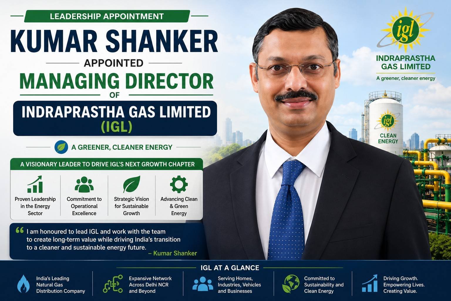 Kumar Shanker appointed as Managing Director of Indraprastha Gas Limited (IGL), leading the company’s next phase of growth and clean energy expansion.