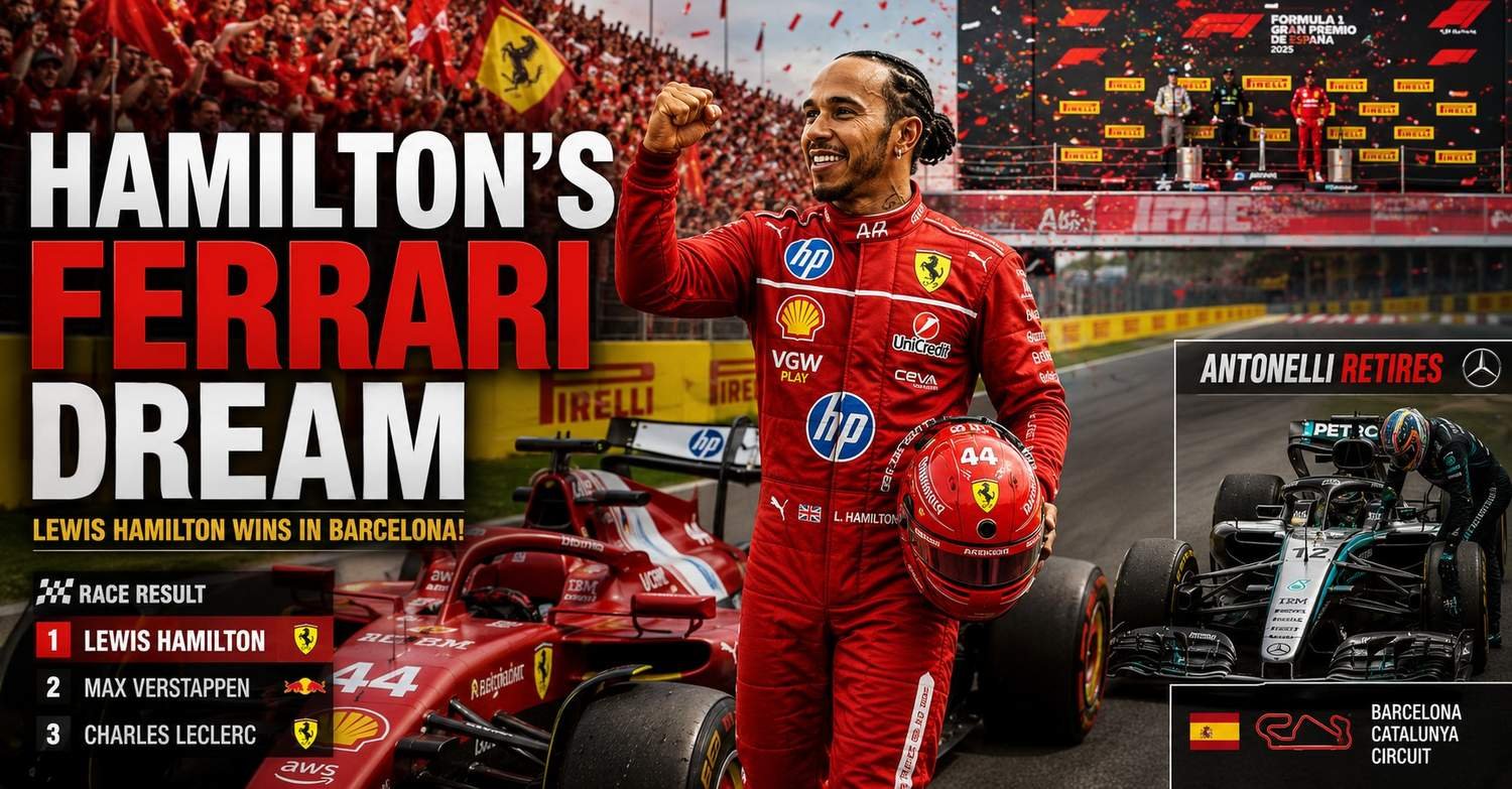 Lewis Hamilton celebrates his first Ferrari victory at the Barcelona Grand Prix after claiming his 106th Formula 1 career win.