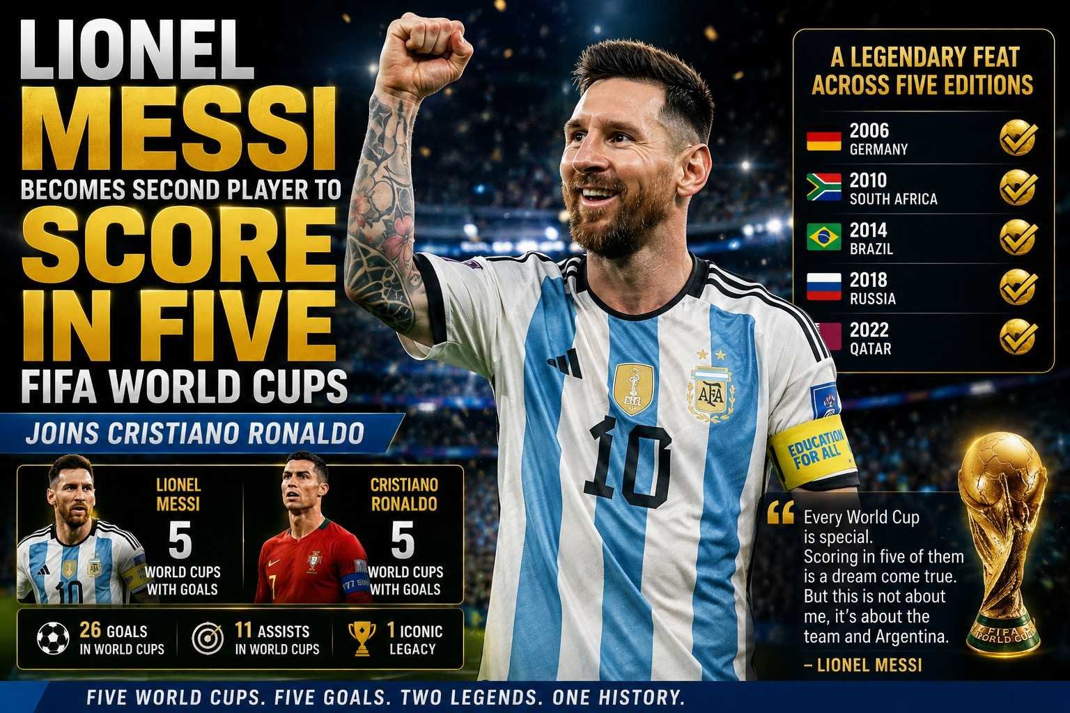 Lionel Messi becomes the second footballer after Cristiano Ronaldo to score in five FIFA World Cups.