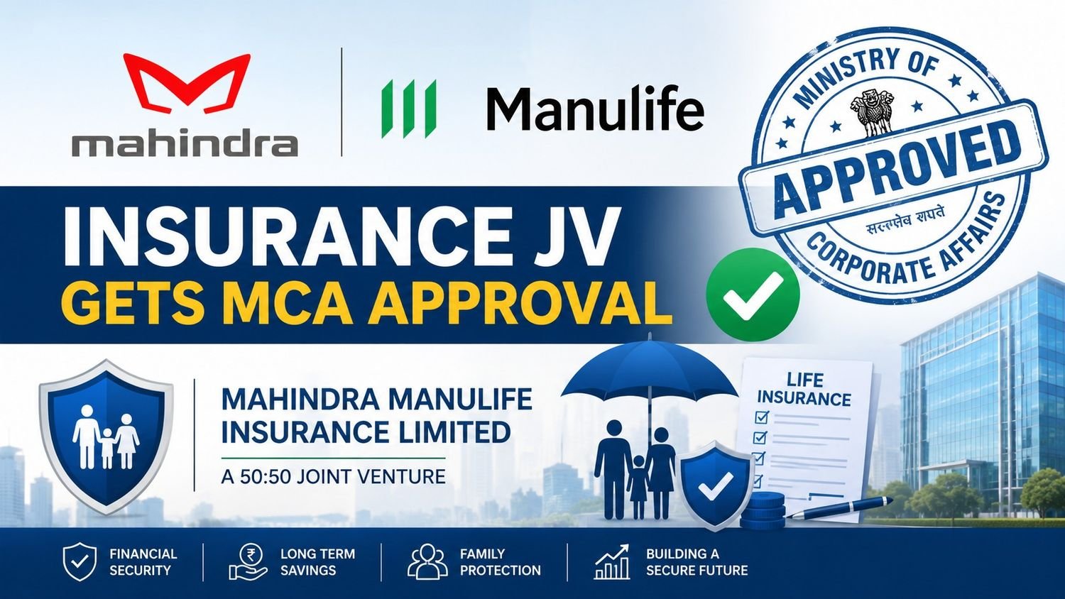 Mahindra and Manulife receive Ministry of Corporate Affairs approval for their life insurance joint venture, Mahindra Manulife Insurance Limited.