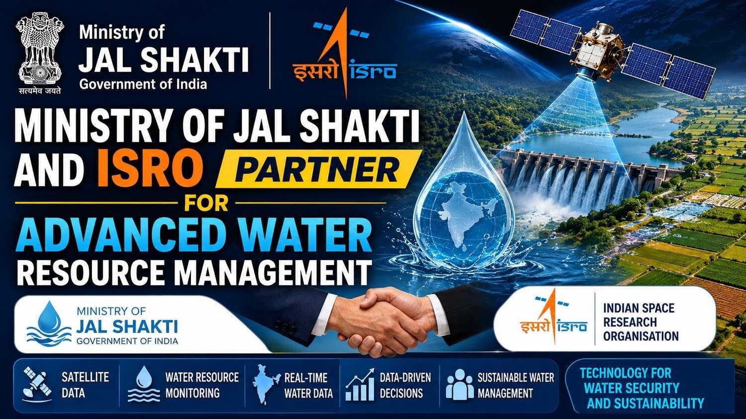 Ministry of Jal Shakti and ISRO officials shake hands as satellite technology is showcased for advanced water resource management, reservoir monitoring, and water security in India.