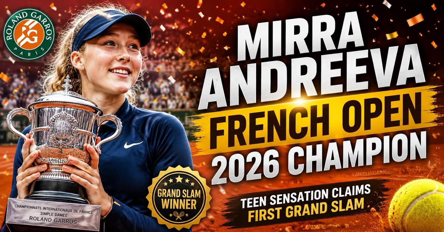 Mirra Andreeva celebrating with the French Open 2026 women's singles trophy after defeating Maja Chwalinska in the Roland Garros final.