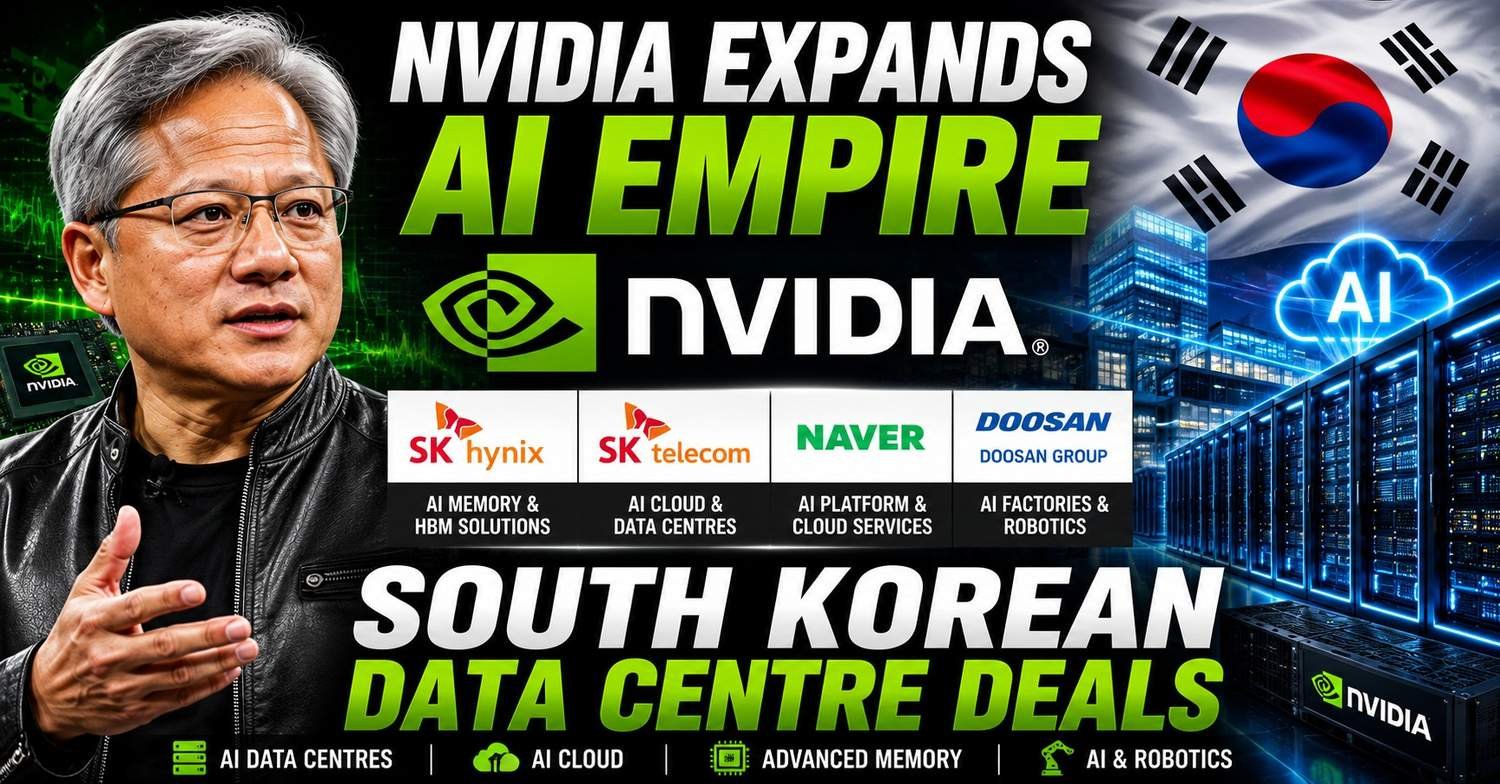 Nvidia CEO Jensen Huang announcing AI infrastructure partnerships with South Korean companies including SK Hynix, Naver, Doosan, and SK Telecom to develop AI data centres and cloud infrastructure.