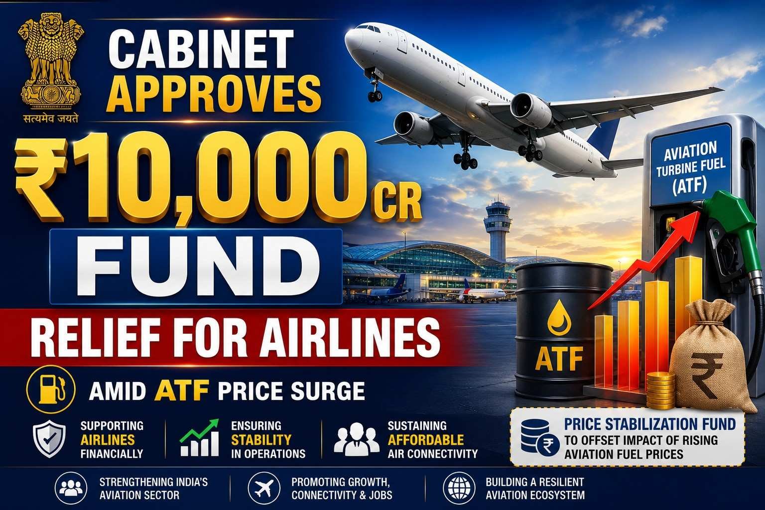 The Indian Cabinet approves a ₹10,000 crore Price Stabilization Fund for airlines amid rising ATF prices.