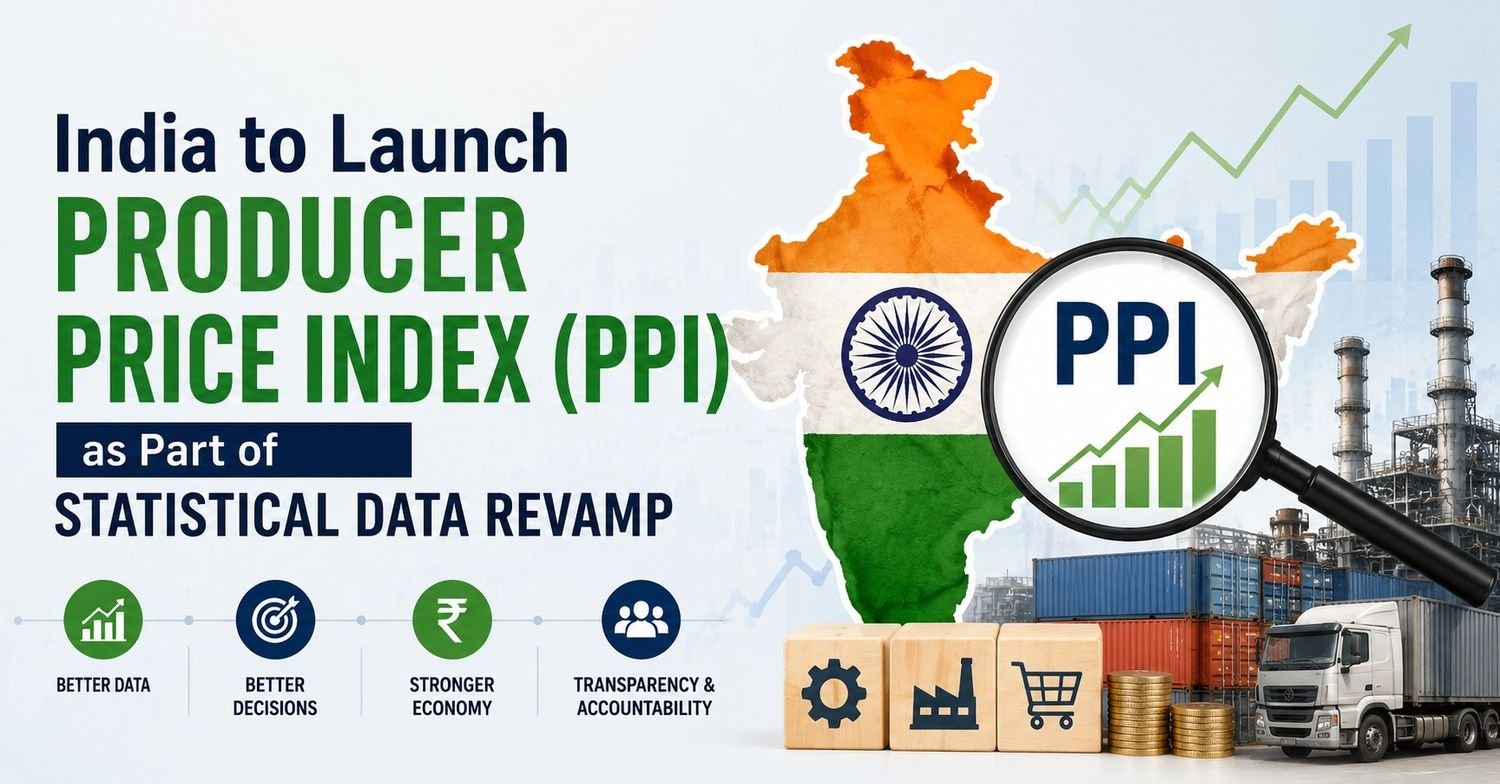 India announces the launch of the Producer Price Index (PPI) as part of a statistical data revamp. The thumbnail features a map of India in tricolor, a magnifying glass highlighting PPI, rising economic charts, industrial infrastructure, shipping containers, and transport vehicles symbolizing producer-level inflation measurement and economic growth.