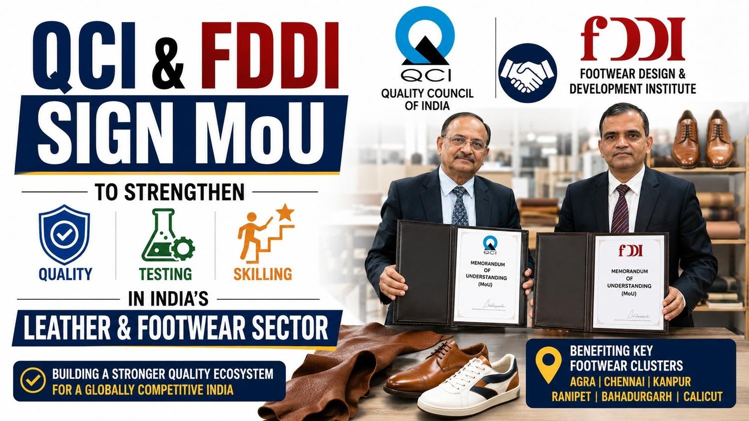 QCI and FDDI officials signing an MoU to strengthen quality, testing, certification, and skilling in India's leather and footwear industry.