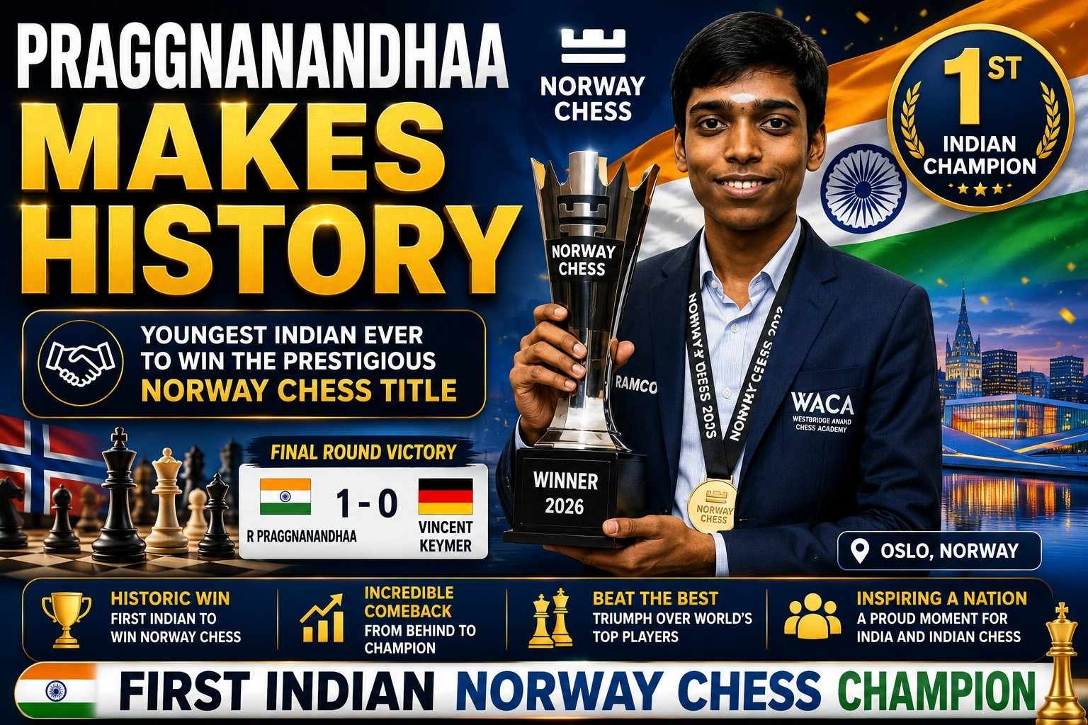 R Praggnanandhaa becomes the first Indian player to win the Norway Chess title in 2026.