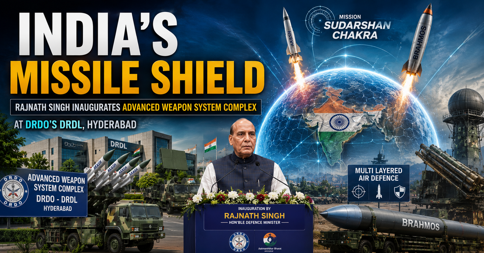 Defence Minister Rajnath Singh inaugurates the Advanced Weapon System Complex at DRDL Hyderabad and highlights Mission Sudarshan Chakra.