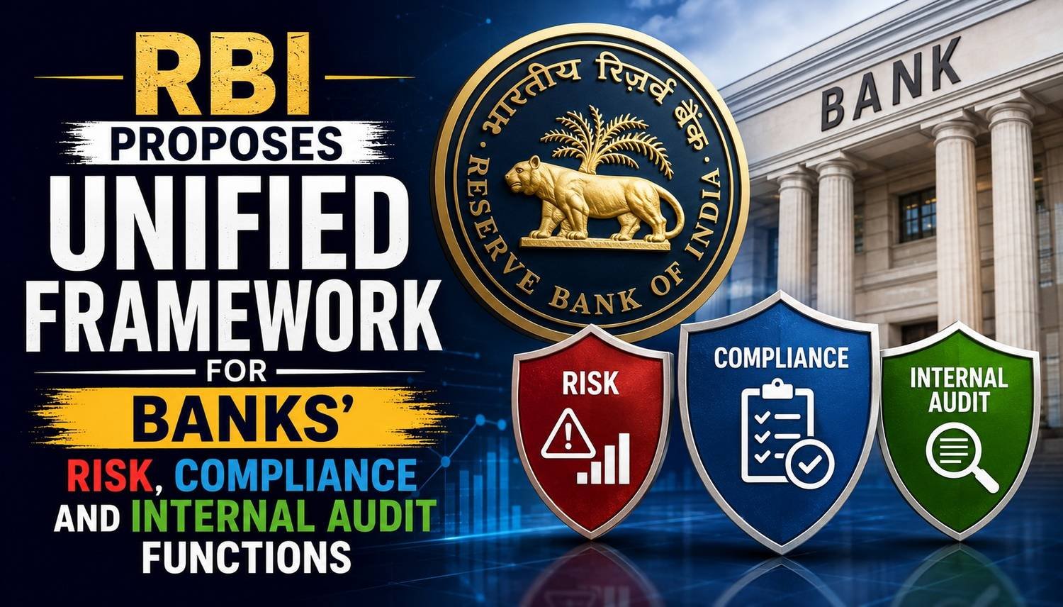 Thumbnail illustrating the Reserve Bank of India’s proposed unified framework for banks, featuring the RBI emblem, a bank building, and visual icons representing risk management, compliance, and internal audit functions.
