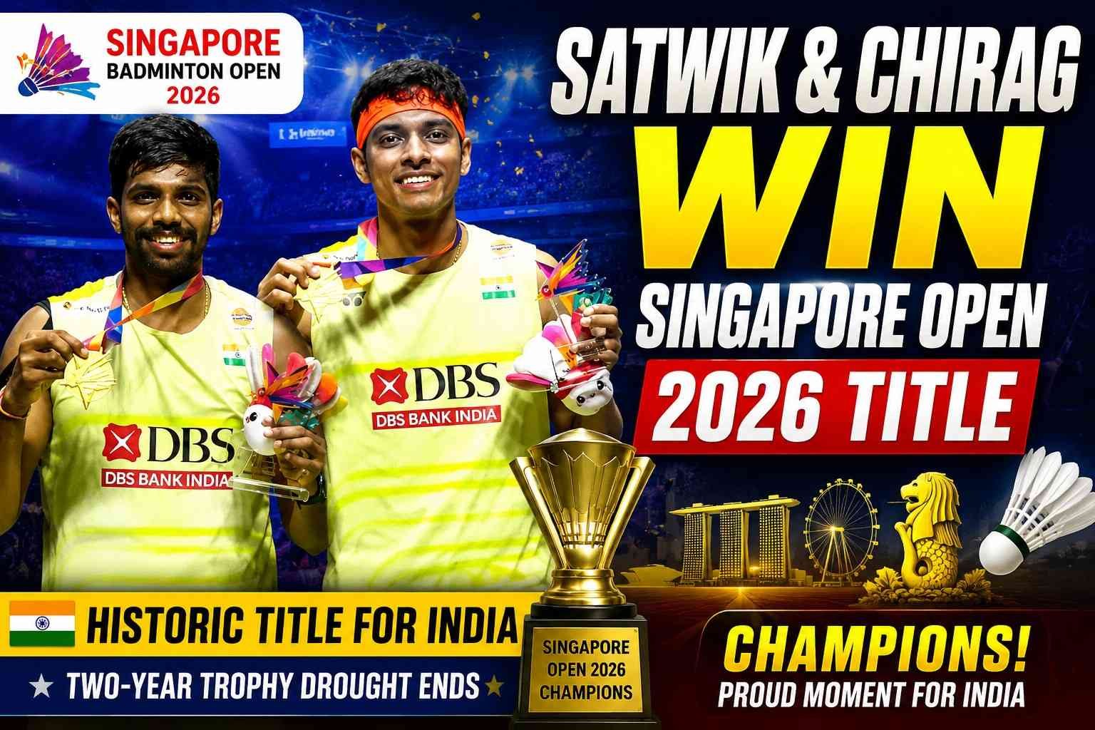 Indian badminton stars Satwiksairaj Rankireddy and Chirag Shetty celebrating after winning the Singapore Open 2026 men's doubles championship, holding the trophy with Indian flag-themed graphics and badminton arena background.