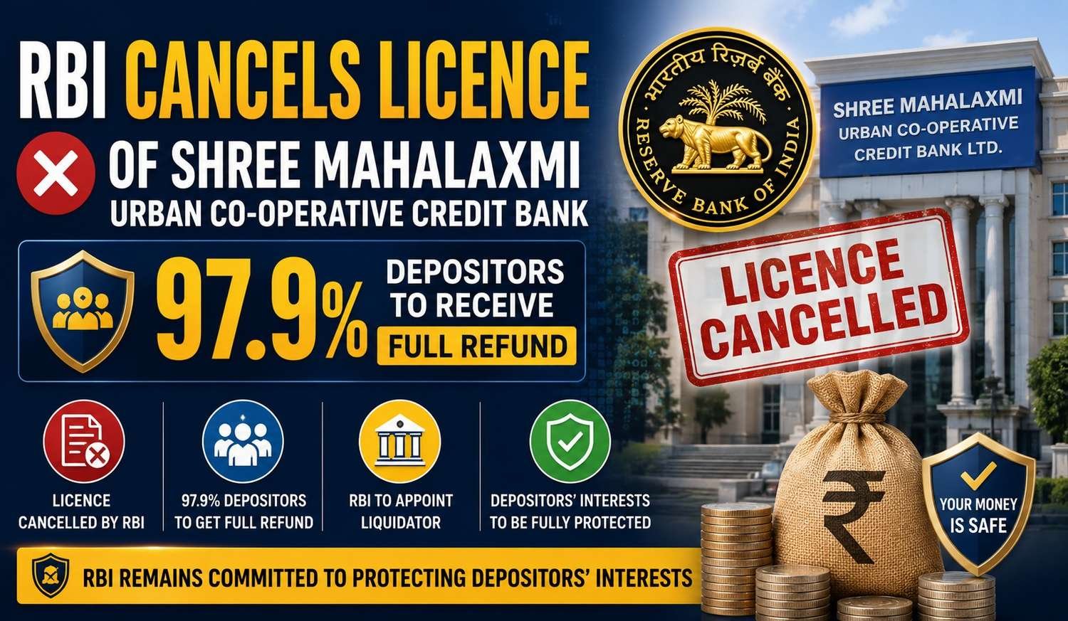RBI cancels licence of Shree Mahalaxmi Urban Co-operative Credit Bank in Karnataka.