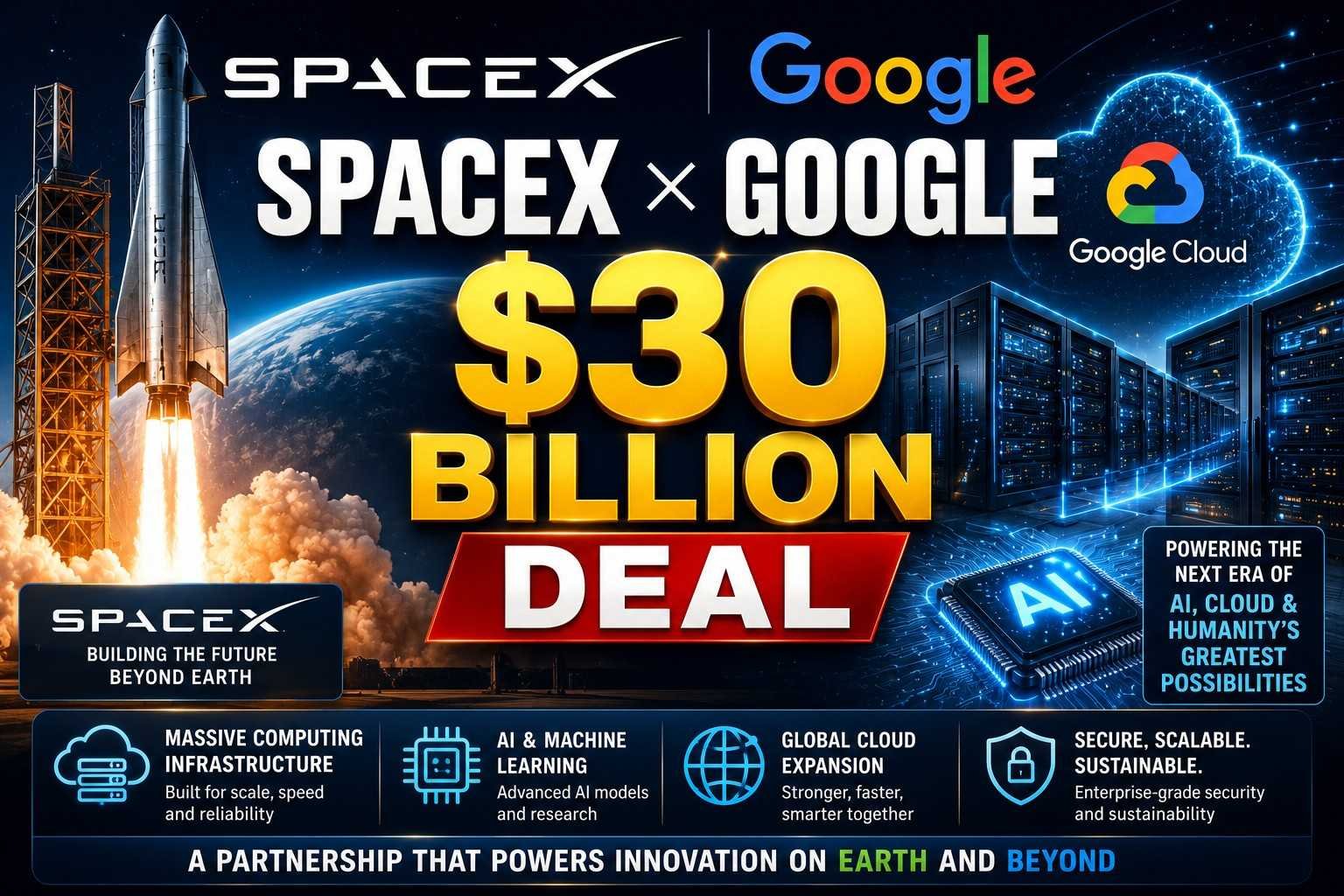 SpaceX and Google announce a $30 billion computing infrastructure partnership focused on AI and cloud technologies.