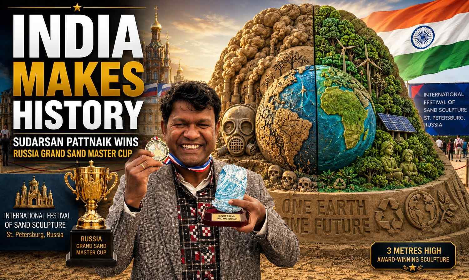 Sudarsan Pattnaik becomes the first Indian to win the Russia Grand Sand Master Cup 2026 with his environmental-themed sand sculpture.