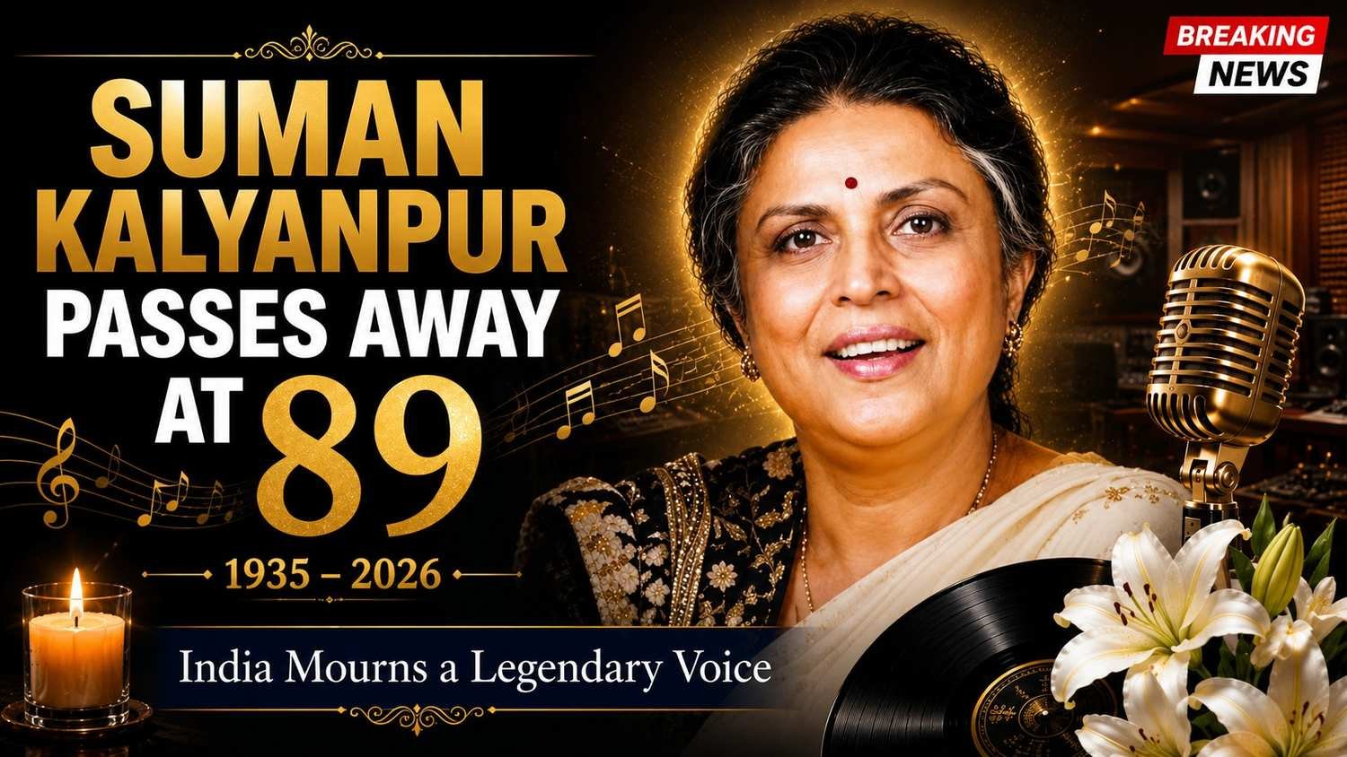 Tribute-style news graphic honoring legendary Indian playback singer Suman Kalyanpur, featuring her portrait with a golden halo, vintage microphone, musical notes, candlelight, white lilies, and a vinyl record.