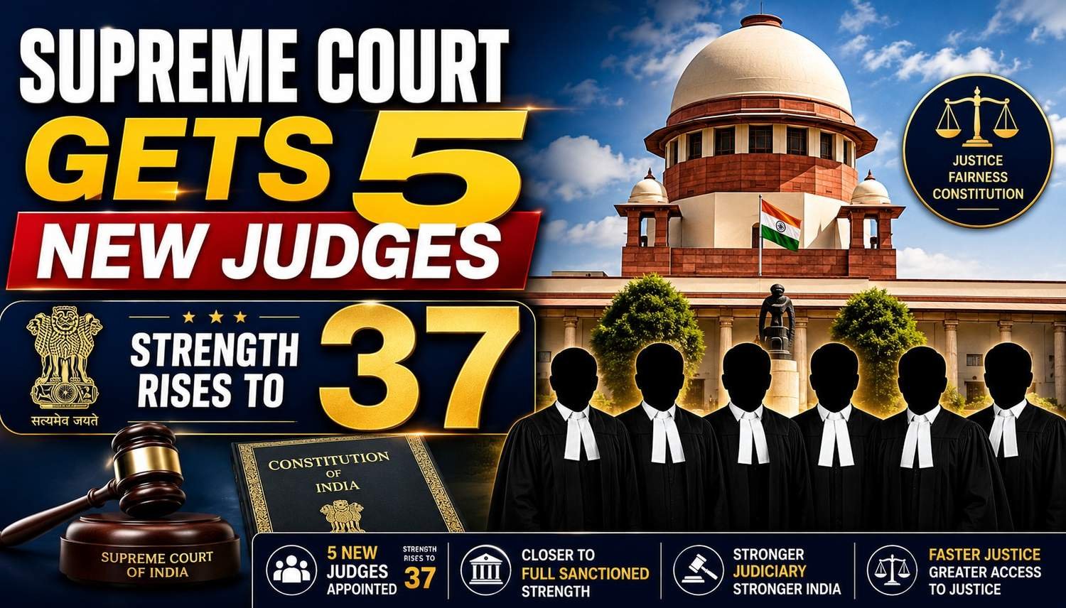 The Supreme Court of India inducts five new judges, raising its strength to 37.