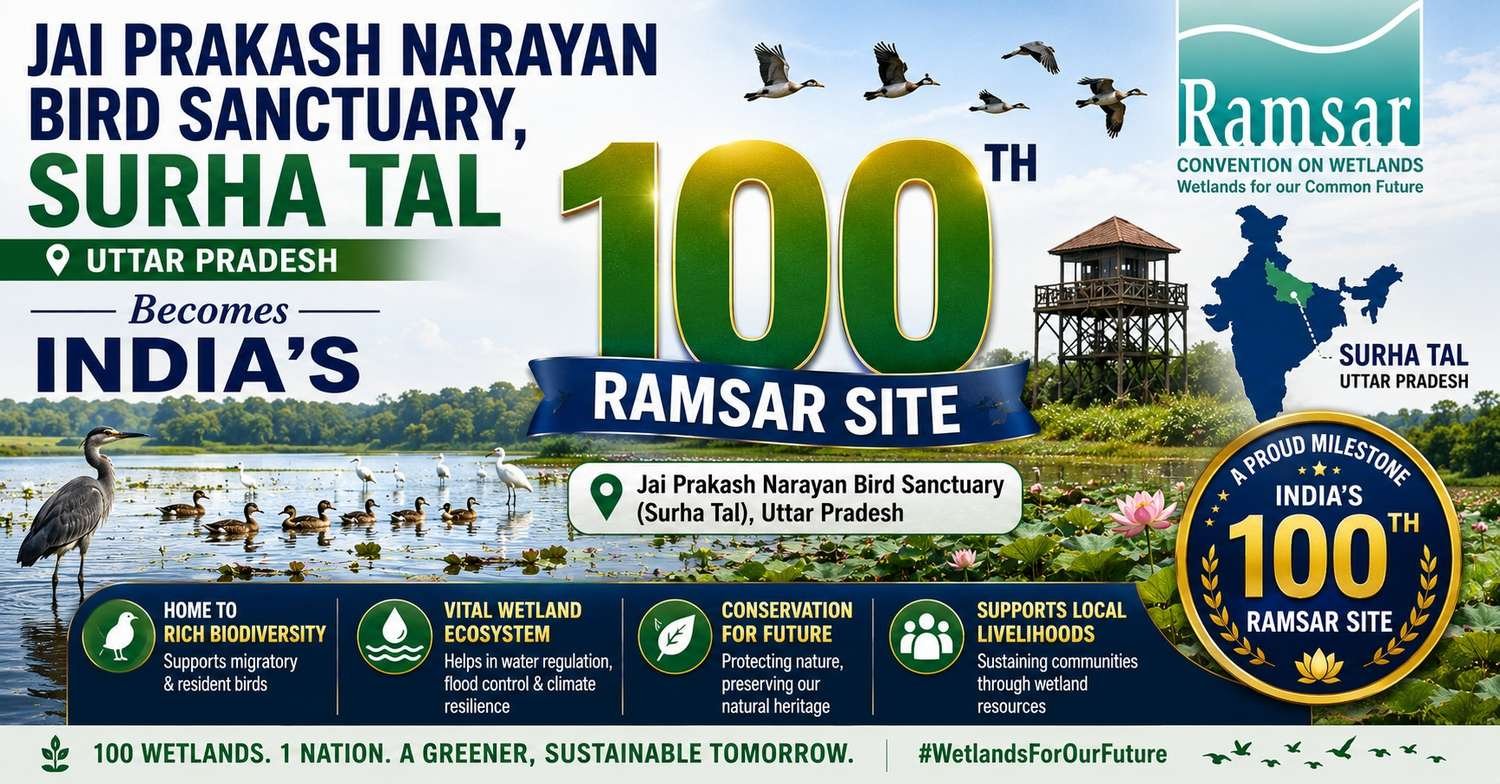 A panoramic view of Jai Prakash Narayan Bird Sanctuary (Surha Tal) in Uttar Pradesh, showing a thriving wetland ecosystem with migratory birds, lotus-covered waters, and a prominent graphic celebrating its designation as India's 100th Ramsar Site.